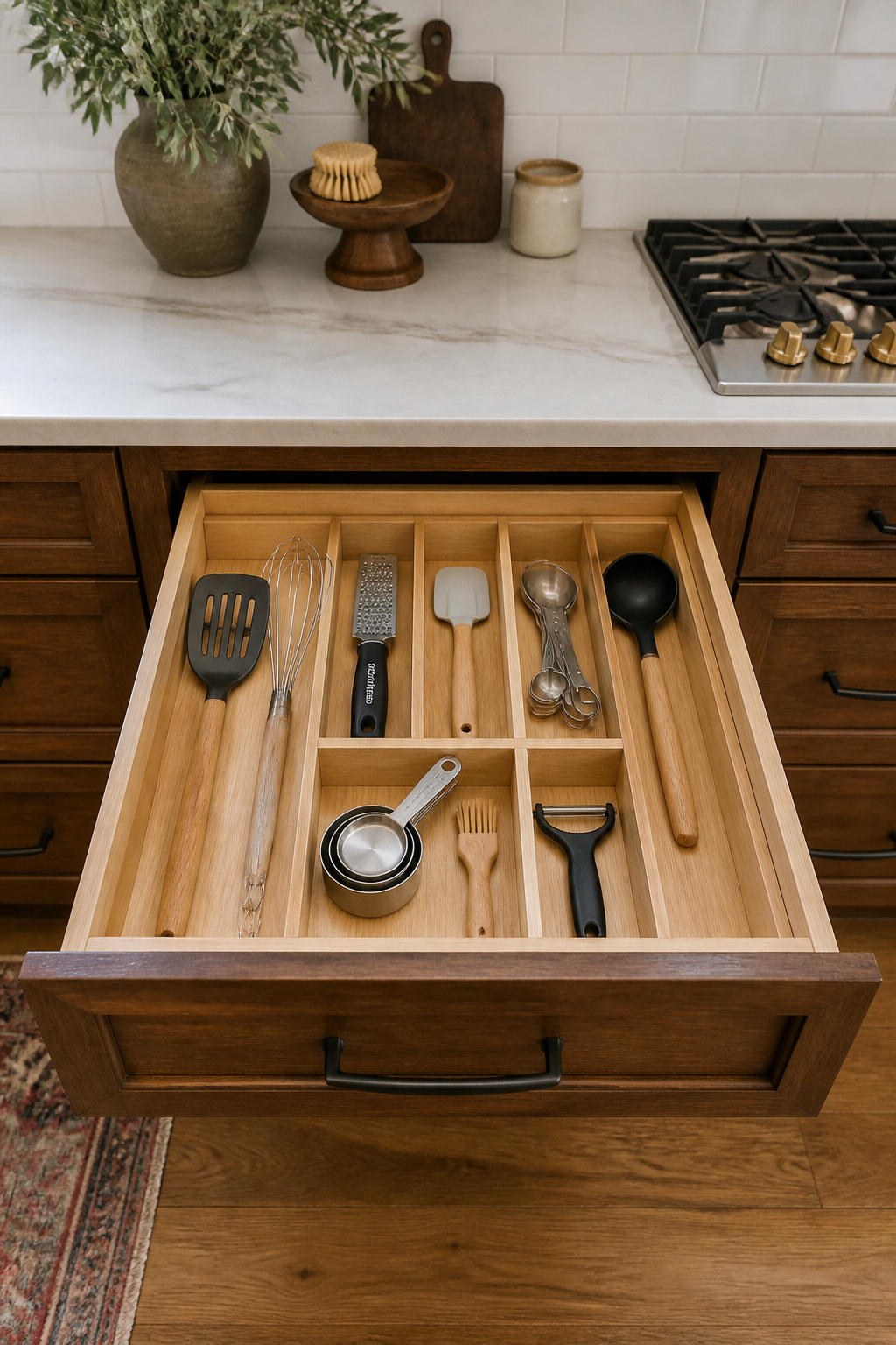 A divided drawer insert keeps every utensil in its own compartment instead of sliding into one tangled pile.