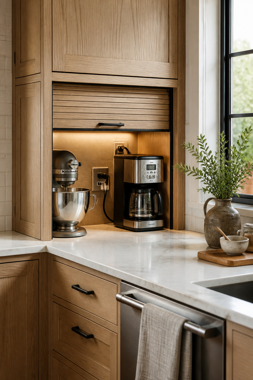 An appliance garage with its door rolled up, keeping a mixer and coffee maker plugged in and out of sight until needed.