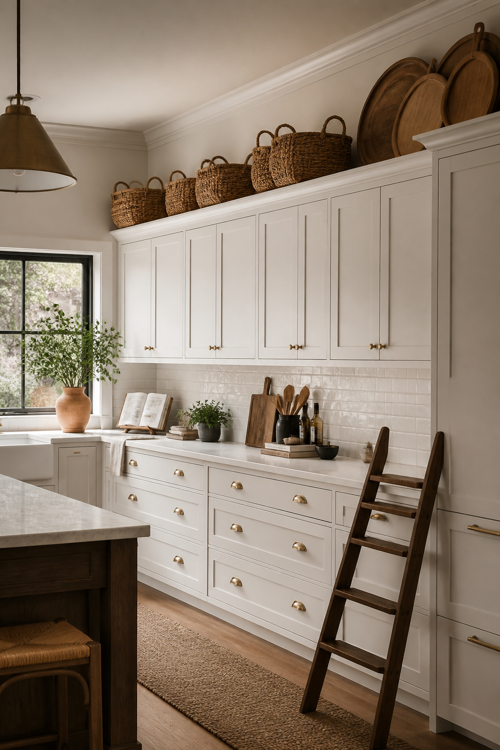 Matching baskets and platters stored in the dead space above the cabinets, with a step stool nearby for occasional access.