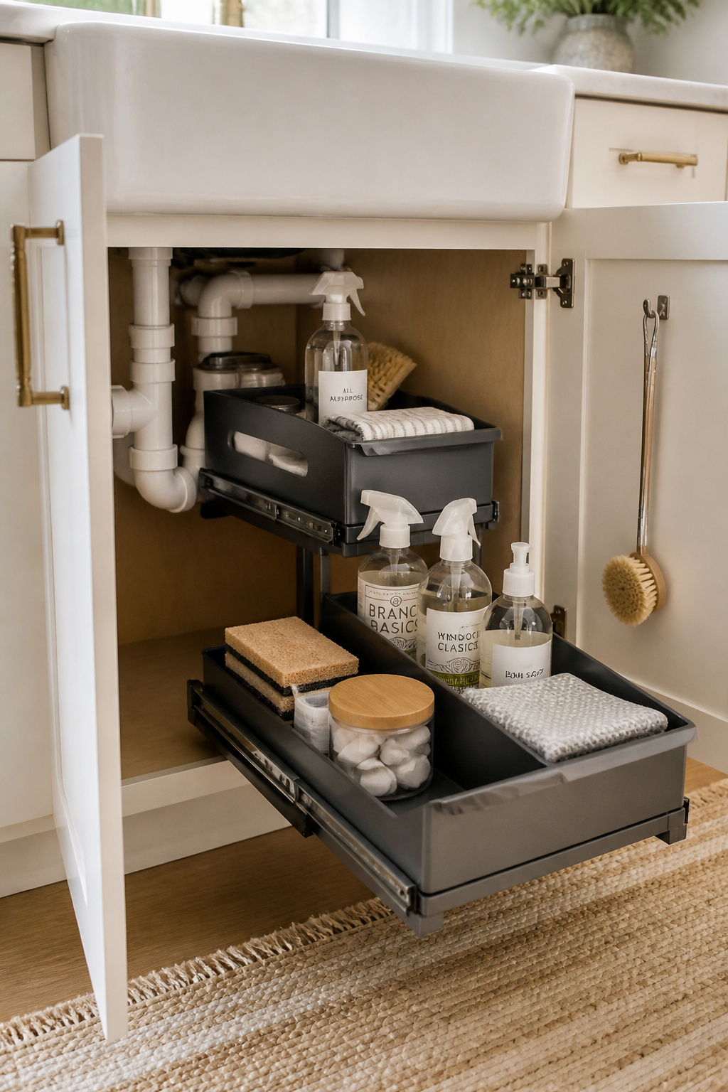 An under-sink pull-out bin system routes neatly around the plumbing, keeping cleaning supplies organized instead of piled loose.