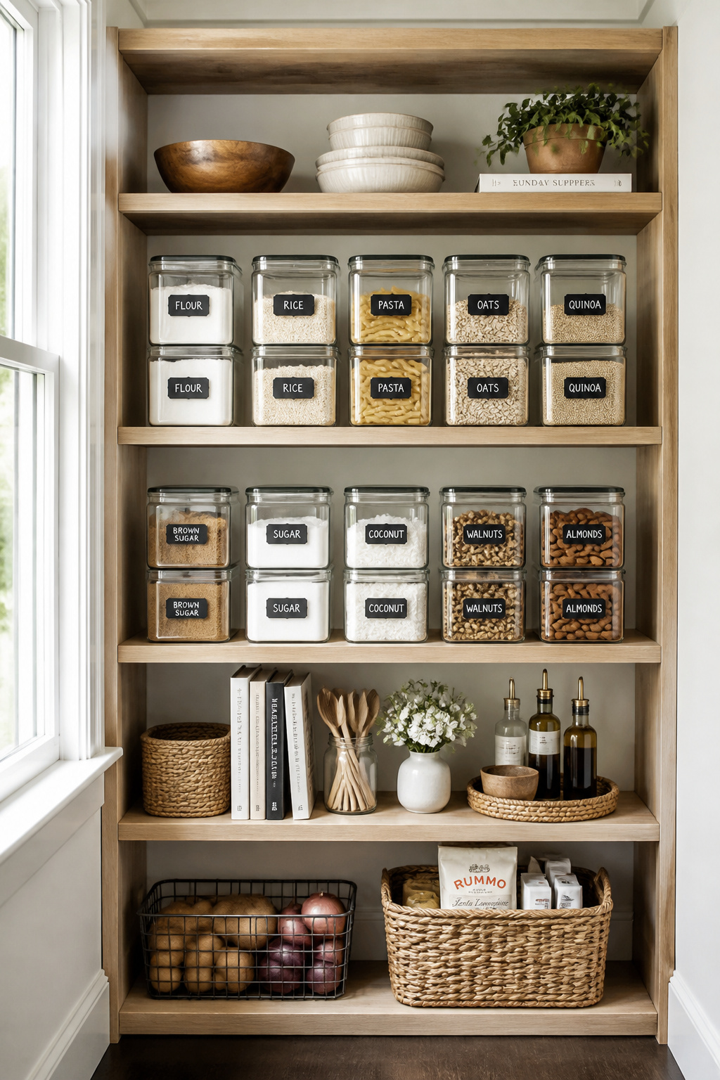 Stackable glass canisters filled with pantry staples, labeled and interlocking for maximum shelf efficiency.