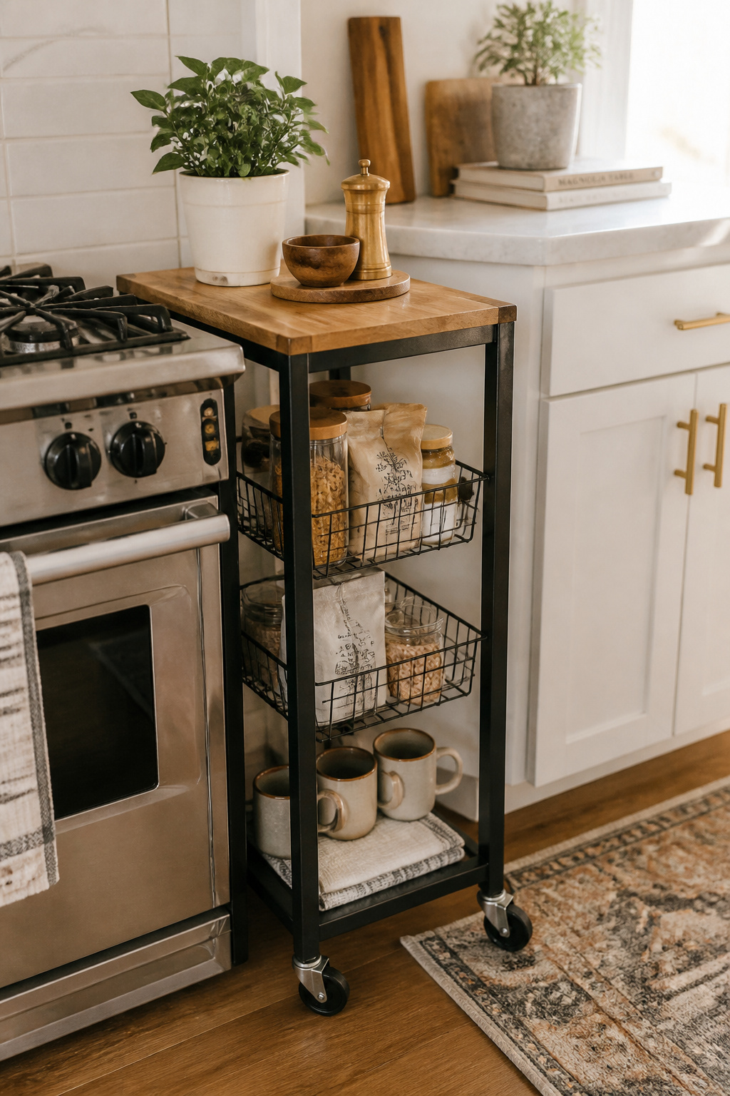 A narrow rolling cart tucked into a small kitchen adds real storage and counter space without taking up a fixed footprint.