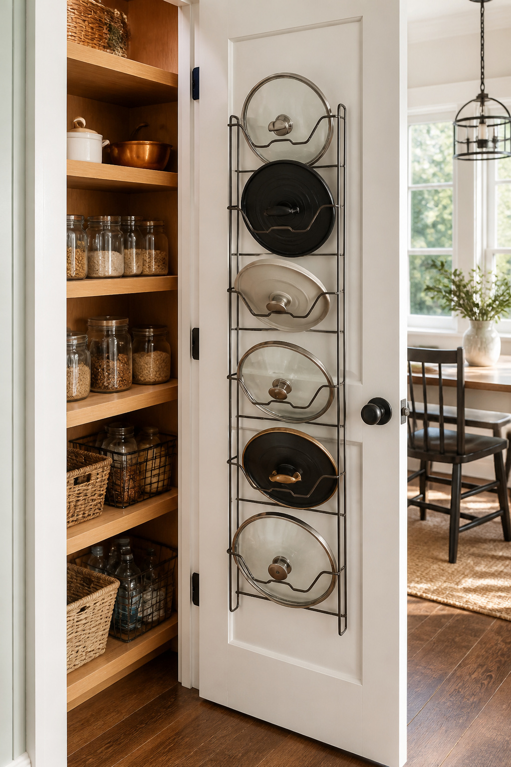 A wire lid organizer mounted inside a pantry door keeps mismatched pot lids upright and easy to find.