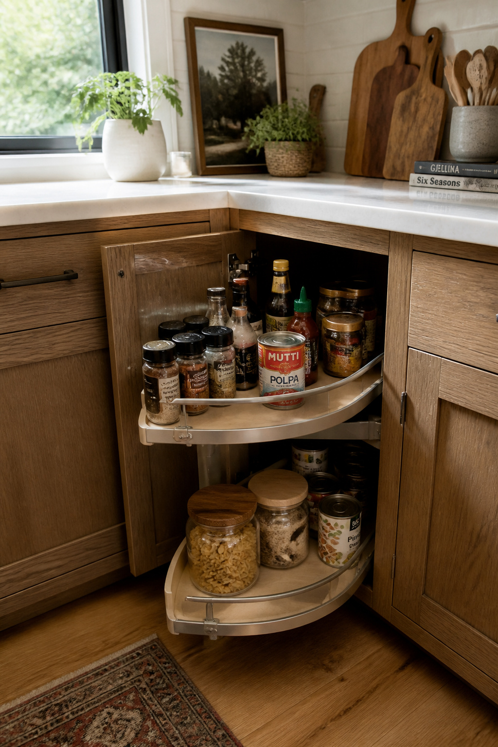 A corner lazy susan swung into view, turning an awkward blind corner into fully usable storage.