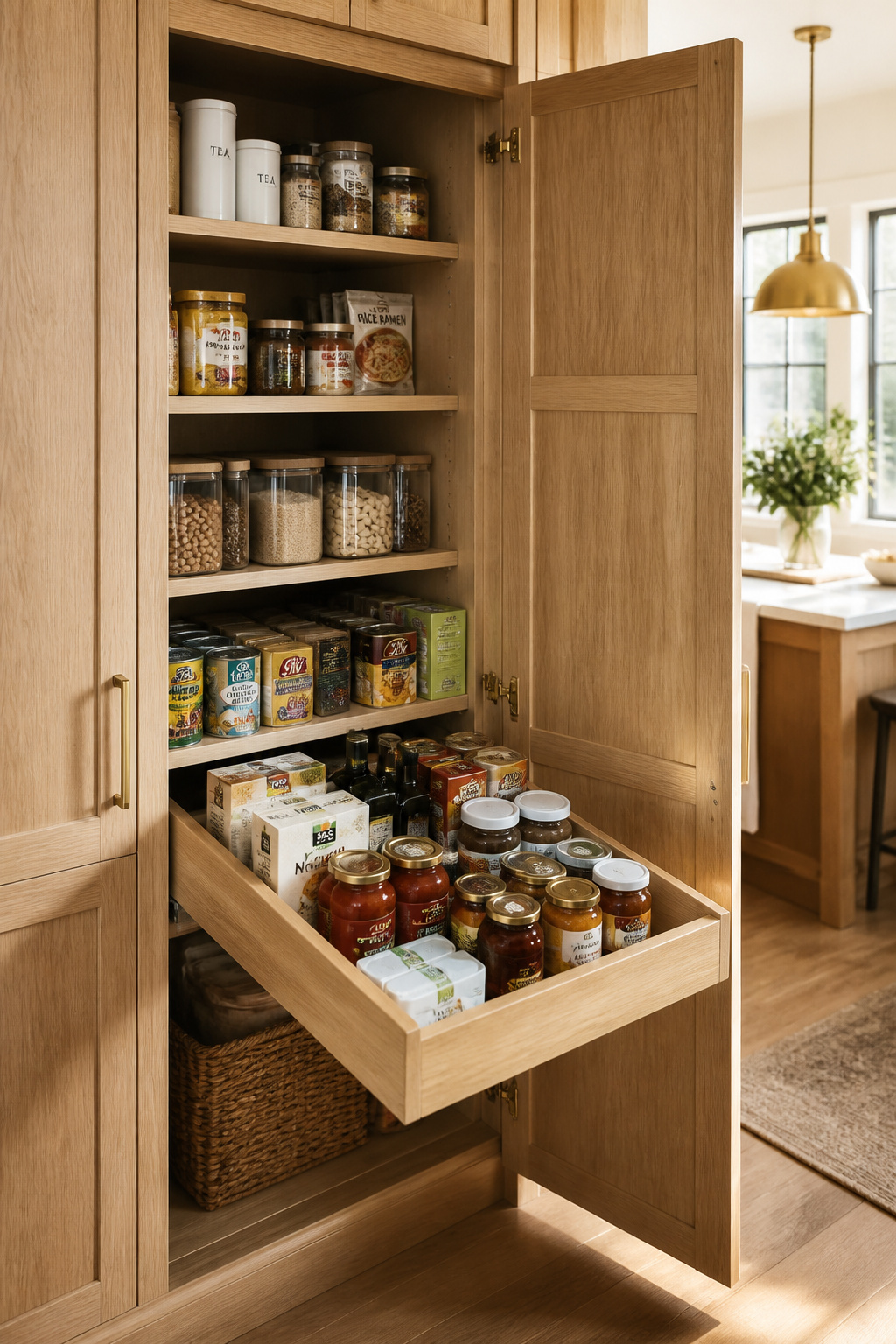 A pull-out pantry shelf extended fully from a deep cabinet, making every can and jar visible and reachable.