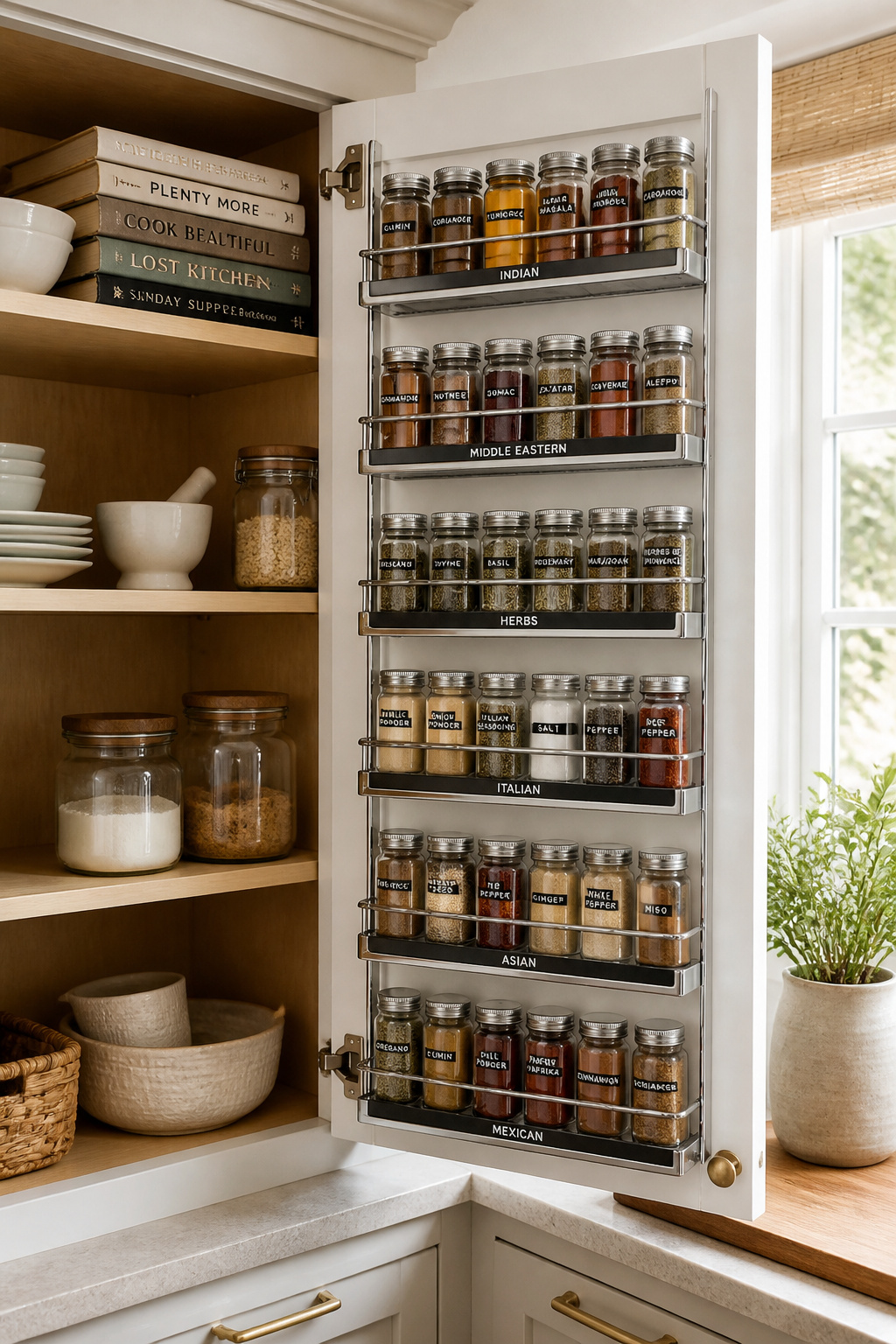 A door-mounted spice rack keeps every jar visible at a glance, without taking up a single inch of shelf space.