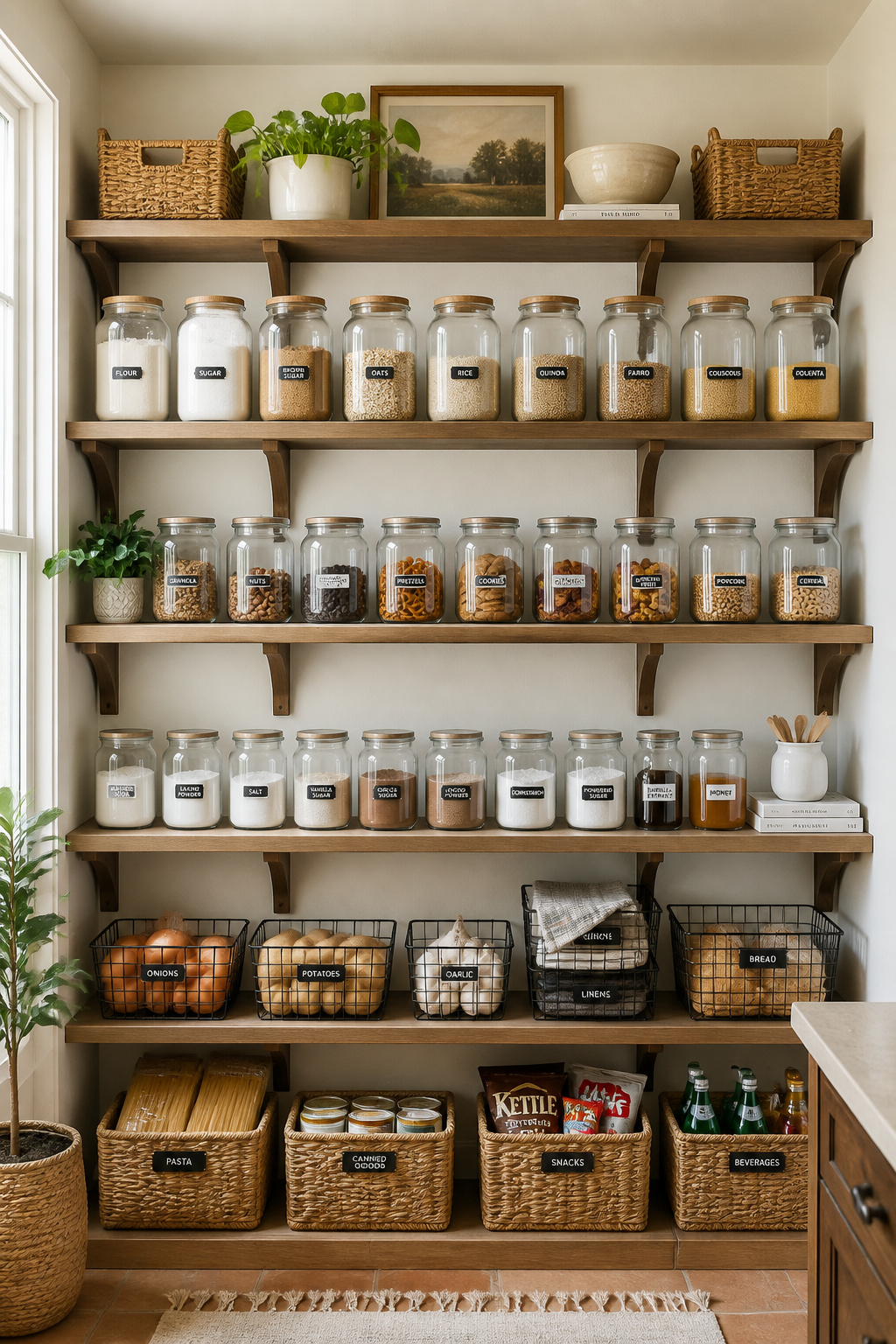 Open pantry shelving organized into labeled zones keeps everyday staples visible and easy to restock.