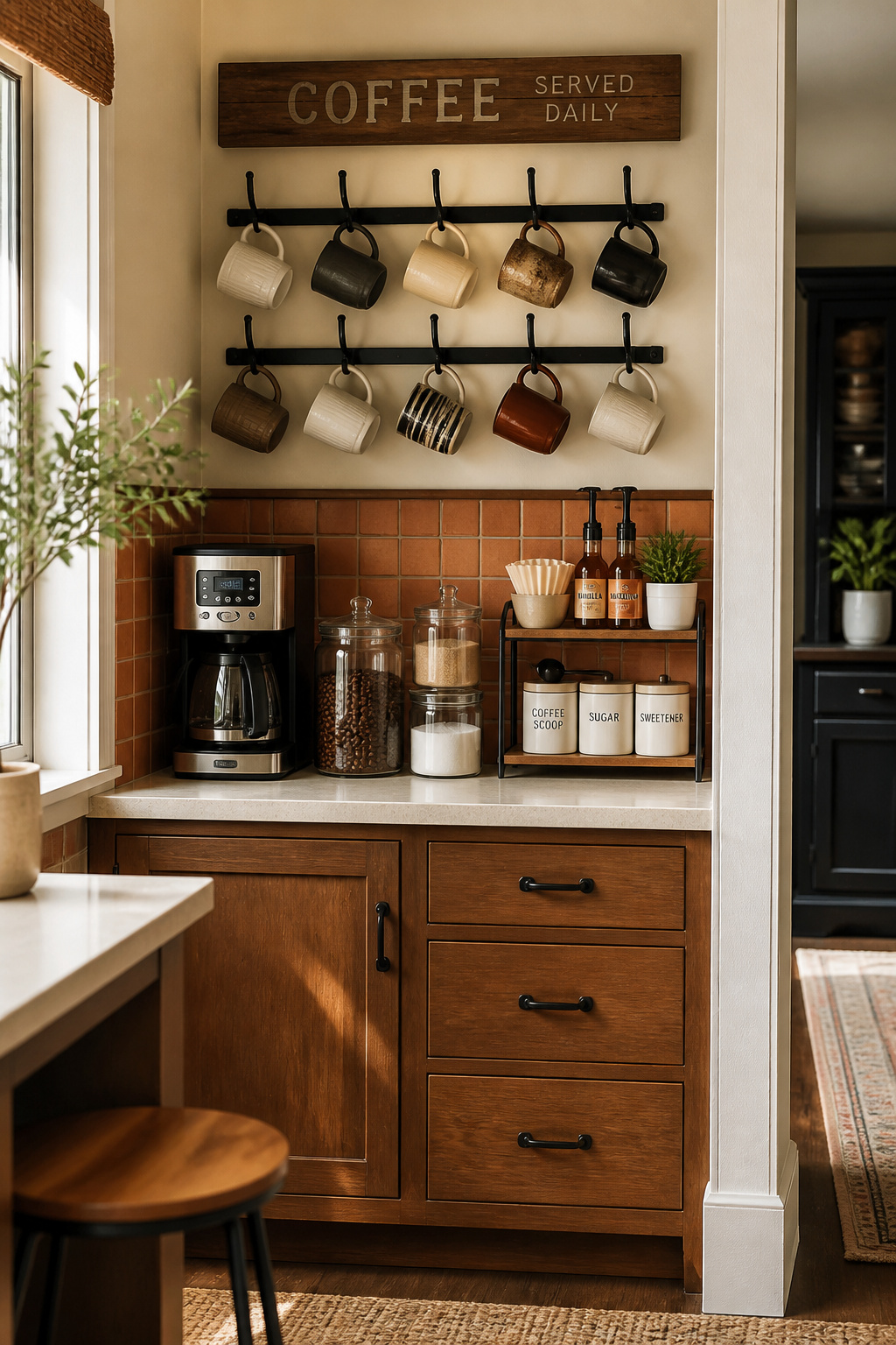 A dedicated coffee station centralizes mugs, grounds, and brewing gear into one organized corner of the counter.