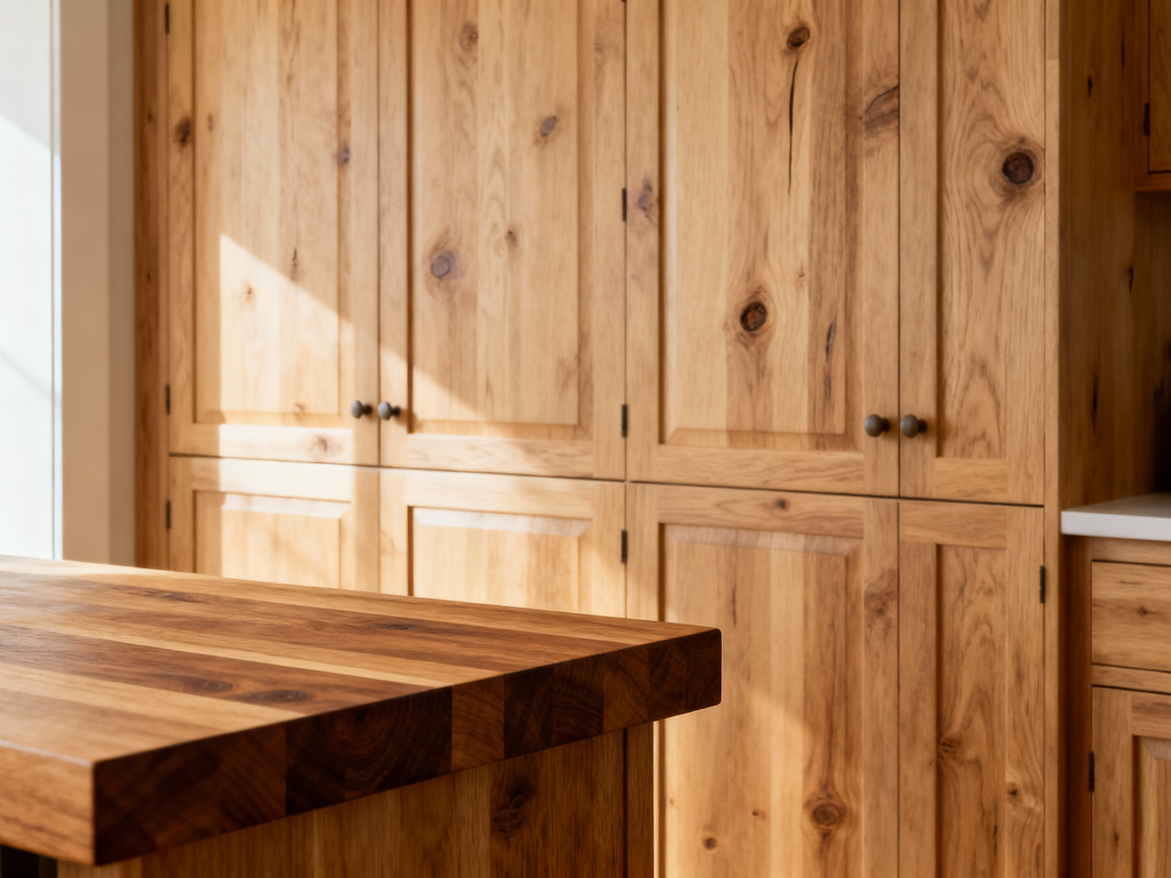 Rustic kitchen with close-up of solid white oak cabinets and a natural wood butcher block island, highlighting authentic wood finishes under soft natural light.