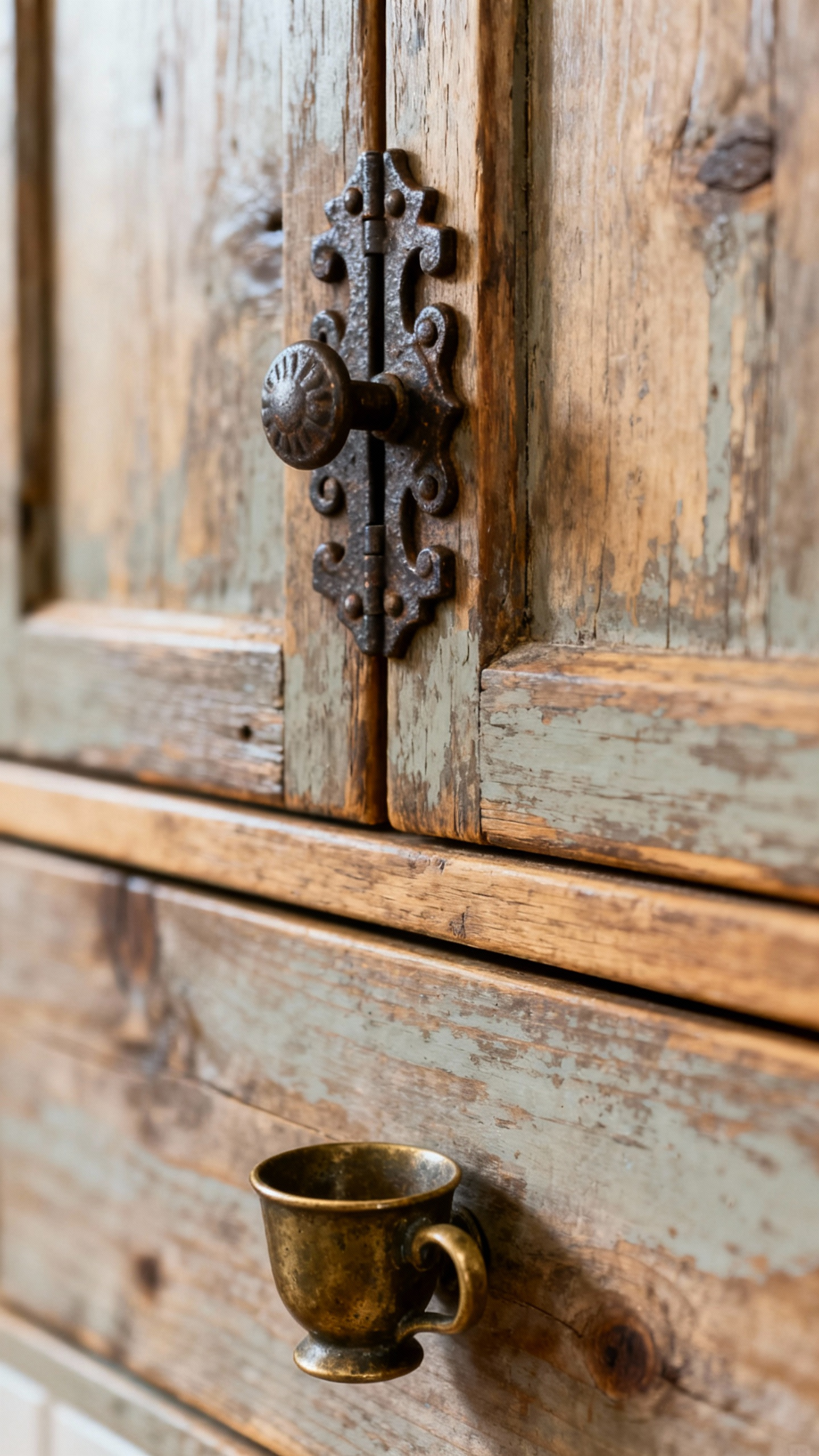 Close-up of a rustic kitchen cabinet with an aged brass cup pull and a wrought iron latch, showcasing vintage-inspired hardware.