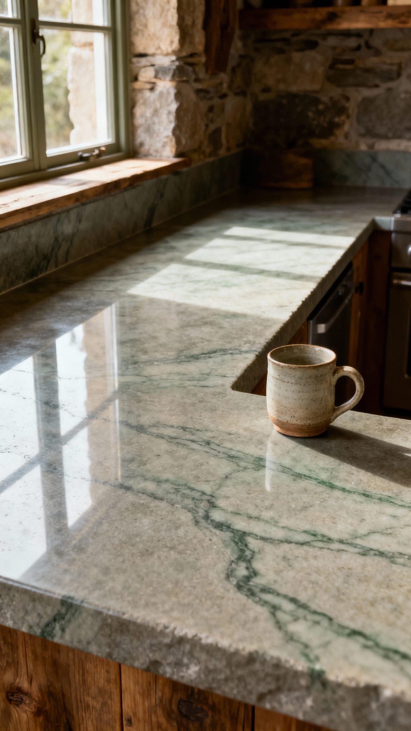 Rustic kitchen featuring a durable soapstone countertop, showcasing its honed finish and natural veining under soft natural light. No people.