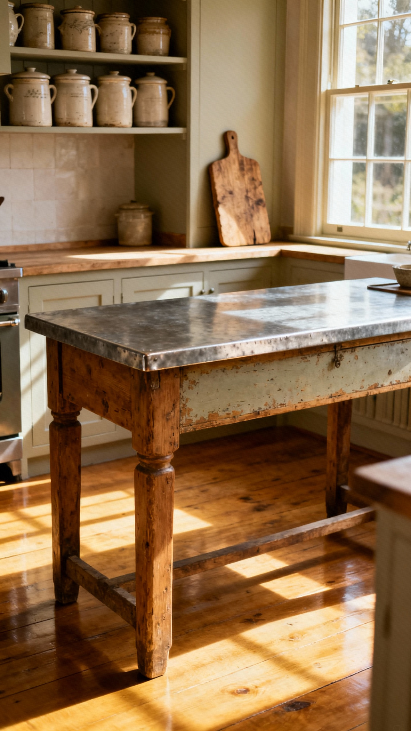A rustic kitchen featuring a 19th-century French baker's table as a central island, adorned with vintage ceramic crocks and a reclaimed wood cutting board under soft natural light, showcasing one-of-a-kind vintage pieces.