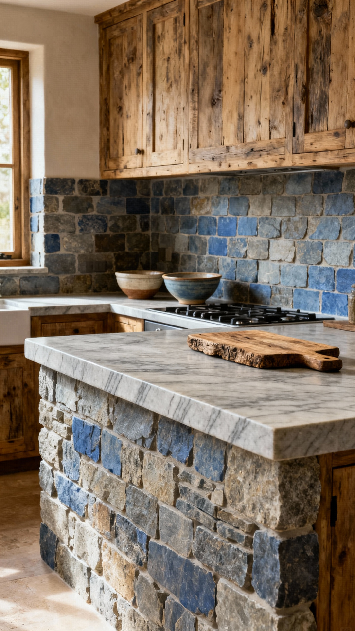 Rustic kitchen featuring natural stone accents, including a honed soapstone island countertop and tumbled bluestone tile backsplash, showcasing organic texture and durability.
