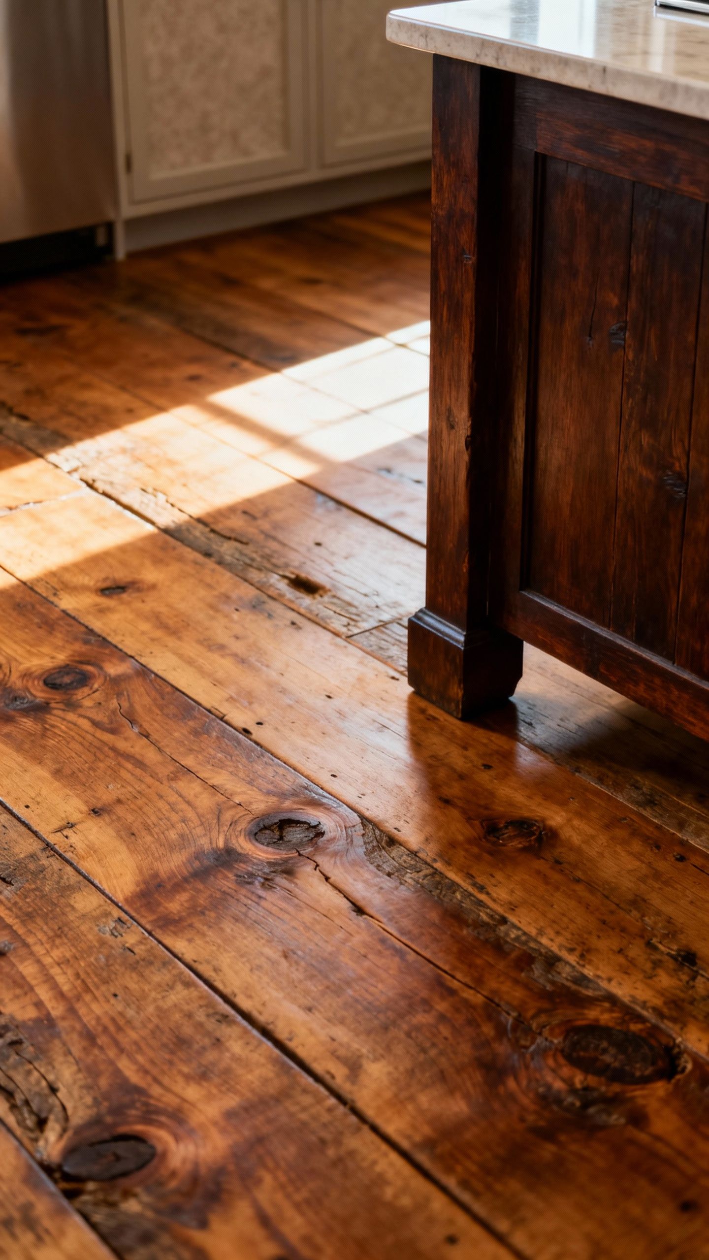 Wide-plank reclaimed antique chestnut wood flooring in a rustic kitchen setting, showcasing knots and natural patina, a classic choice for textural rustic kitchen flooring.