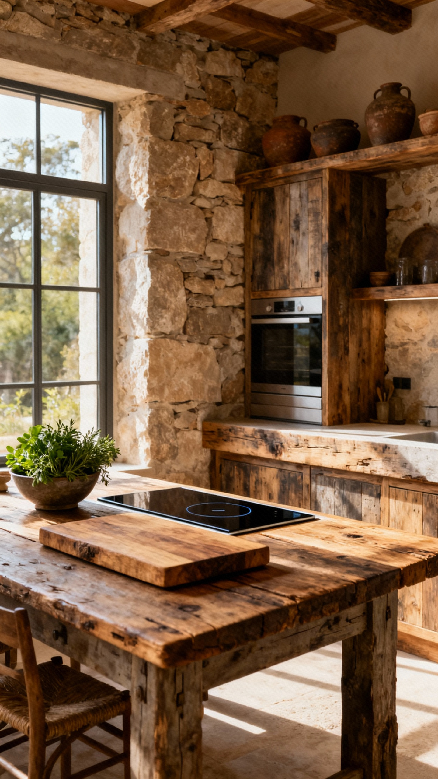 Rustic kitchen with an optimized layout, featuring a repurposed farm table as a prep zone and a concealed cooking area, showcasing efficient and inviting work zones. Aged timber cabinetry and natural stone walls contribute to the authentic rustic aesthetic.