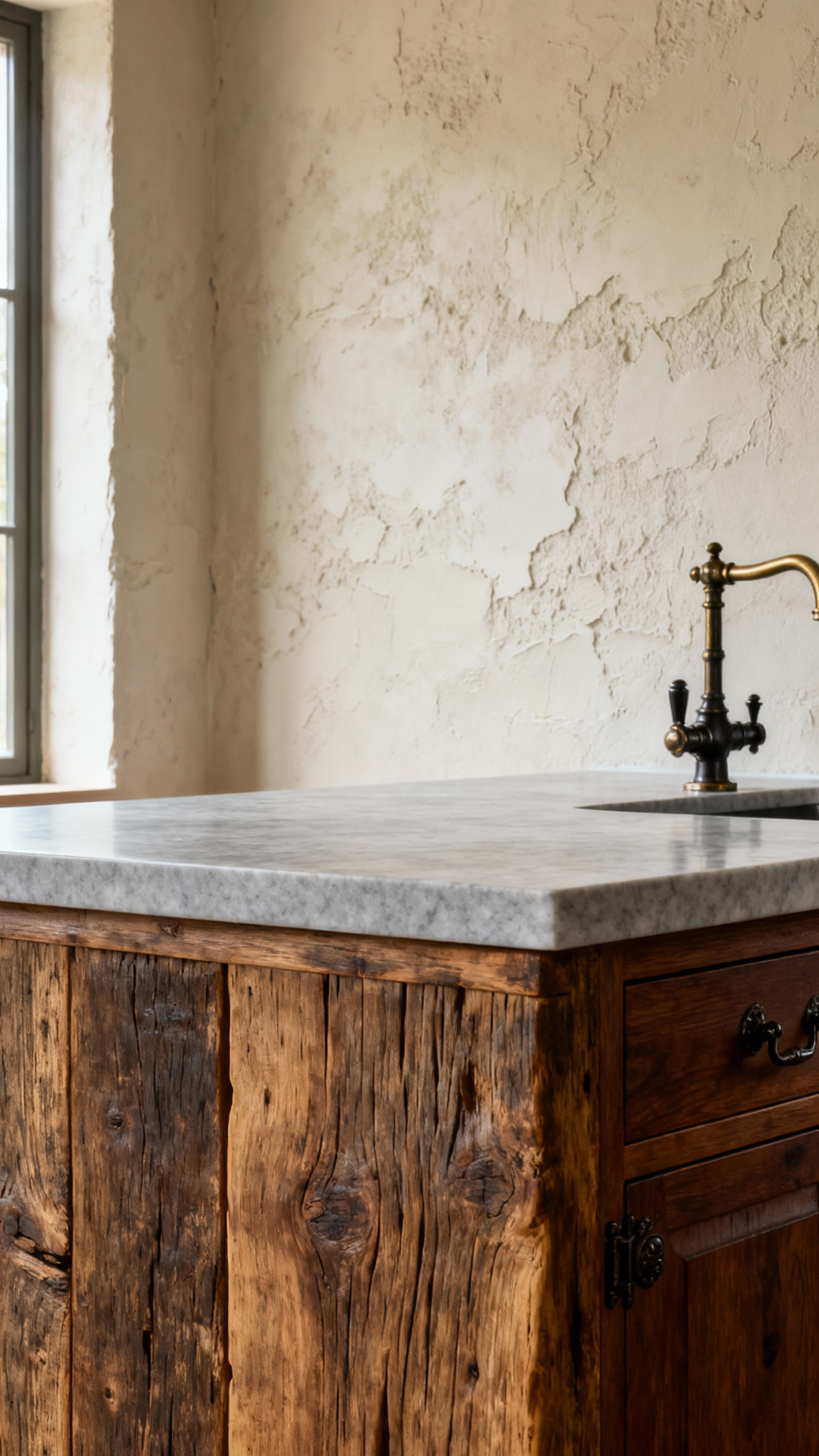 A portrait image of a rustic kitchen detail, showing a reclaimed wood island base beneath a polished honed marble countertop, with antique brass fixtures, highlighting a perfect textural balance between rough wood and smooth stone.