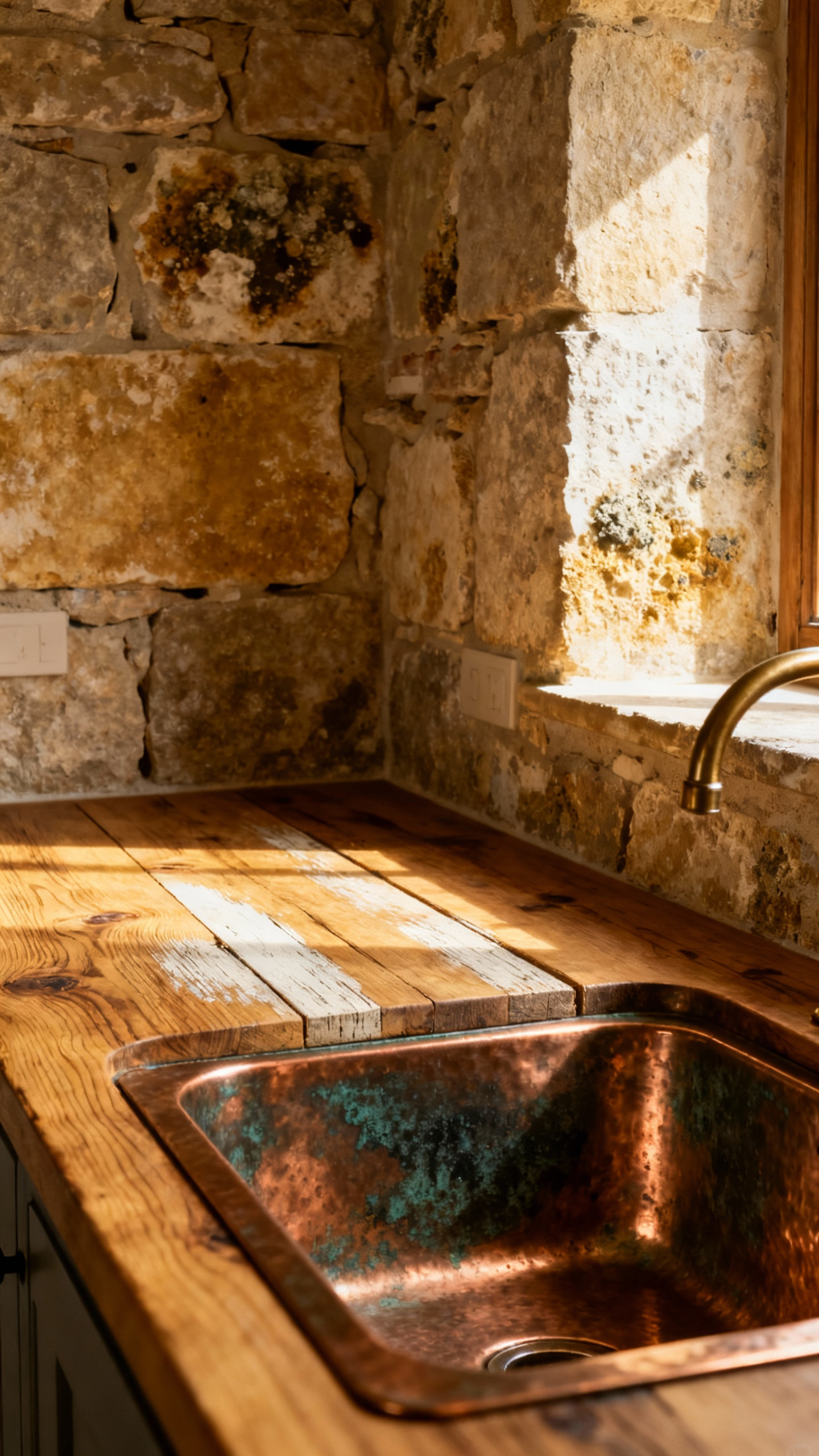 Rustic kitchen detail showing a reclaimed wood countertop and a verdigris copper sink with aged stone backsplash, highlighting natural patina.