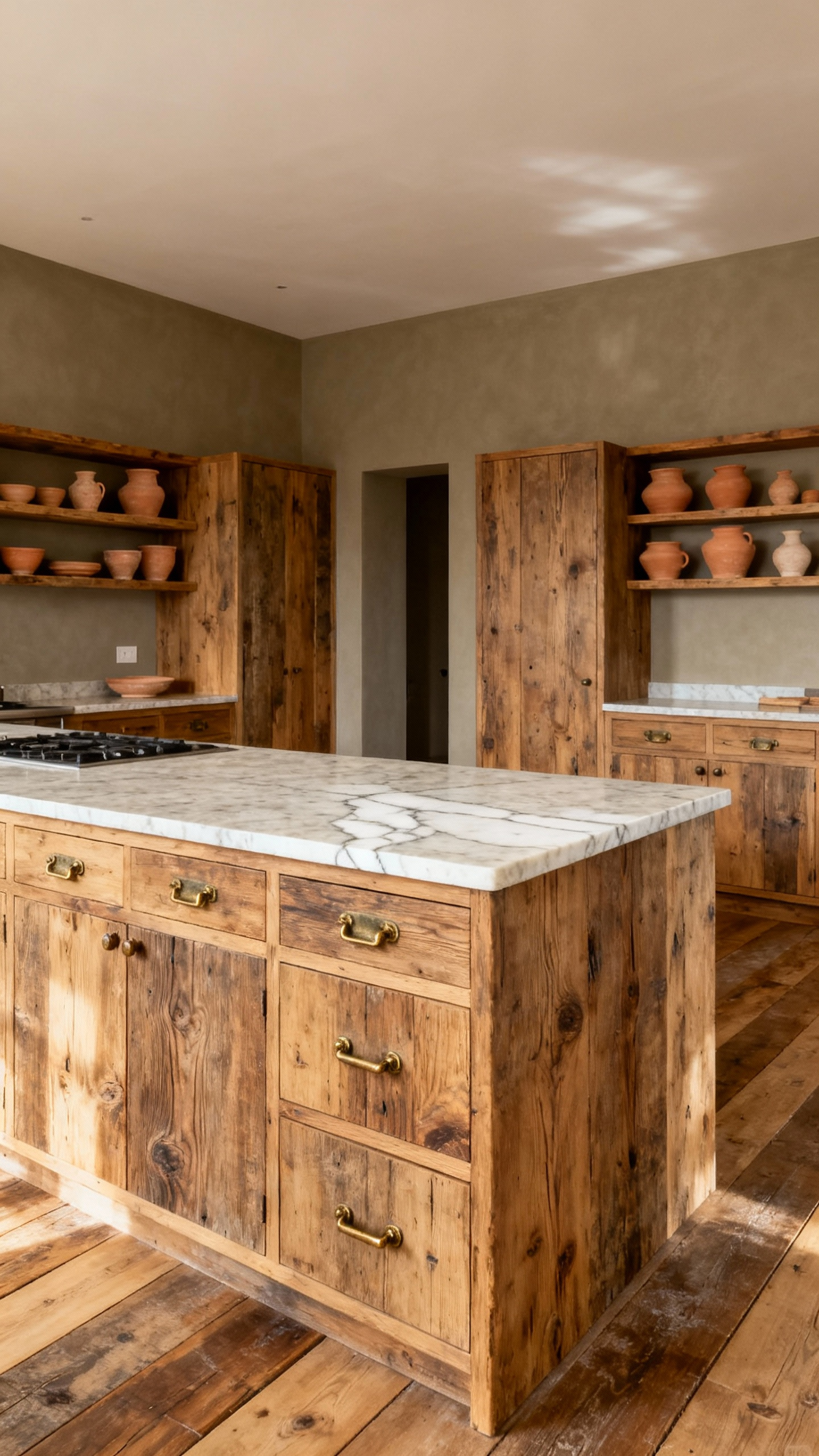 Rustic kitchen featuring an earth-toned color palette, with greige walls, reclaimed oak cabinetry, soapstone island, terracotta pottery, and distressed wood floor, evoking timeless serenity.