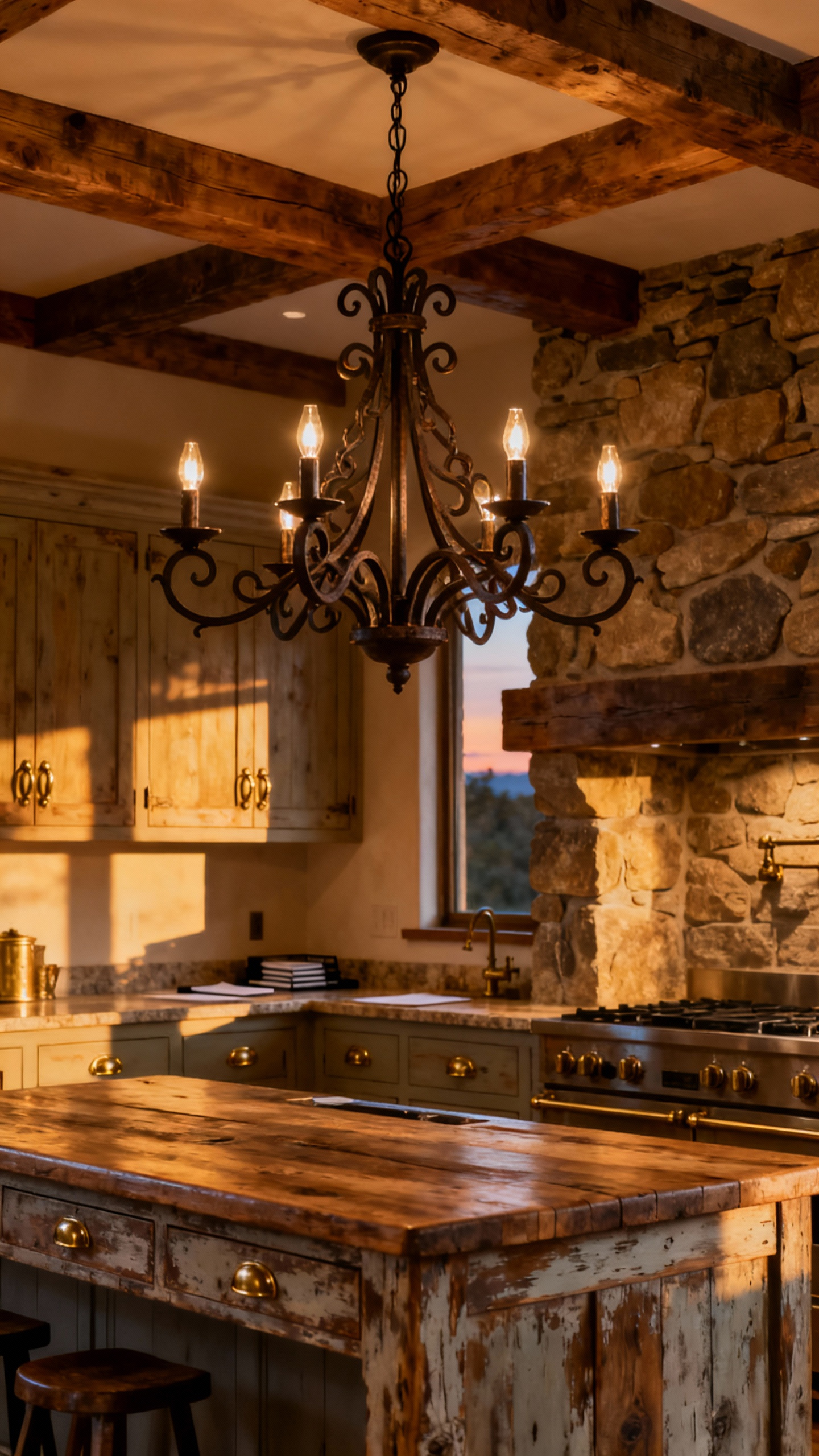 Rustic kitchen interior featuring a hand-forged iron chandelier as a central light fixture, with exposed wooden beams and a warm ambient glow, highlighting traditional craftsmanship.