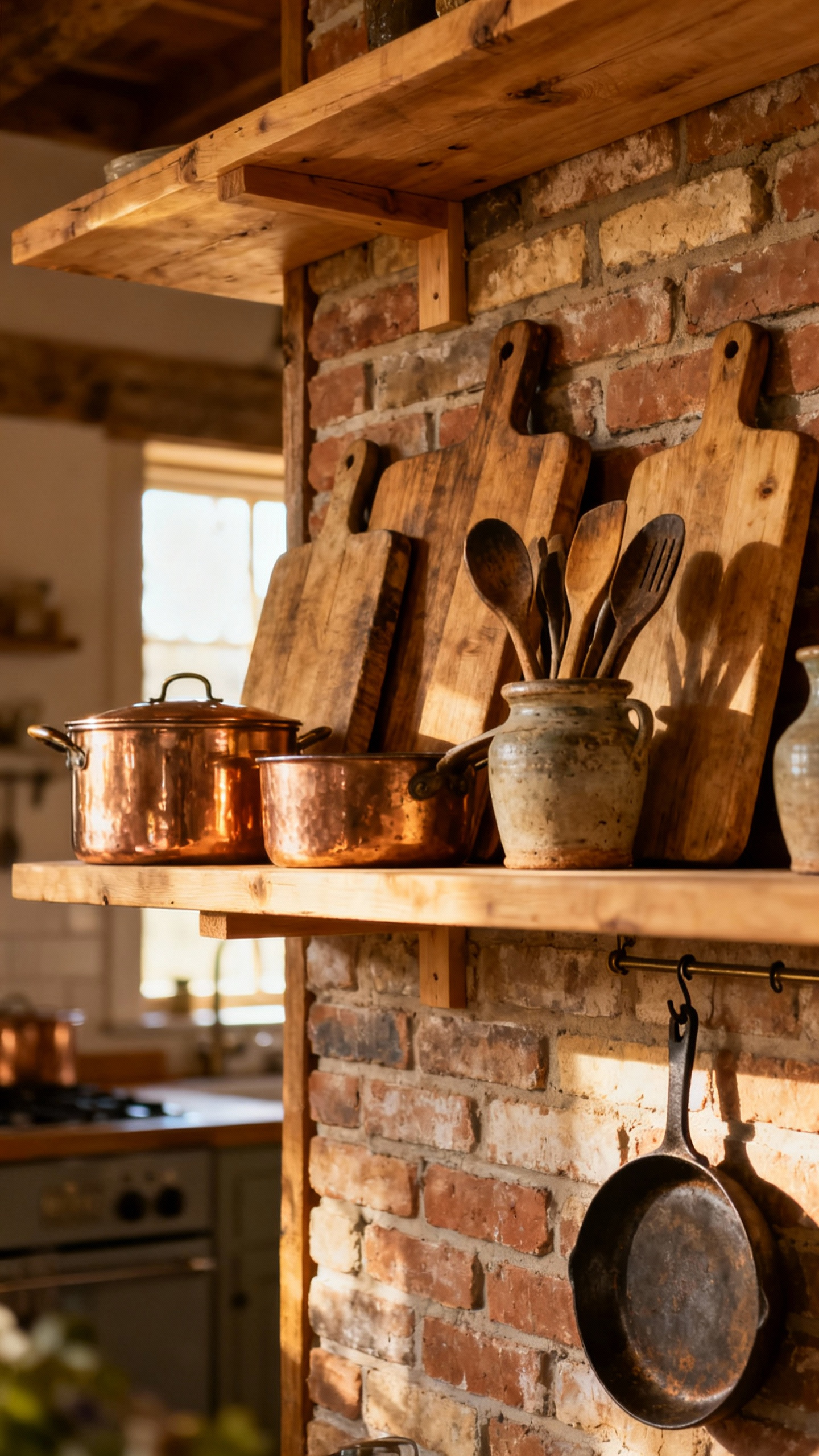 A rustic kitchen features open oak shelves displaying functional vignettes, including leaned wooden cutting boards, polished copper pots, and aged ceramic crocks with antique wooden utensils, set against a reclaimed brick backsplash.