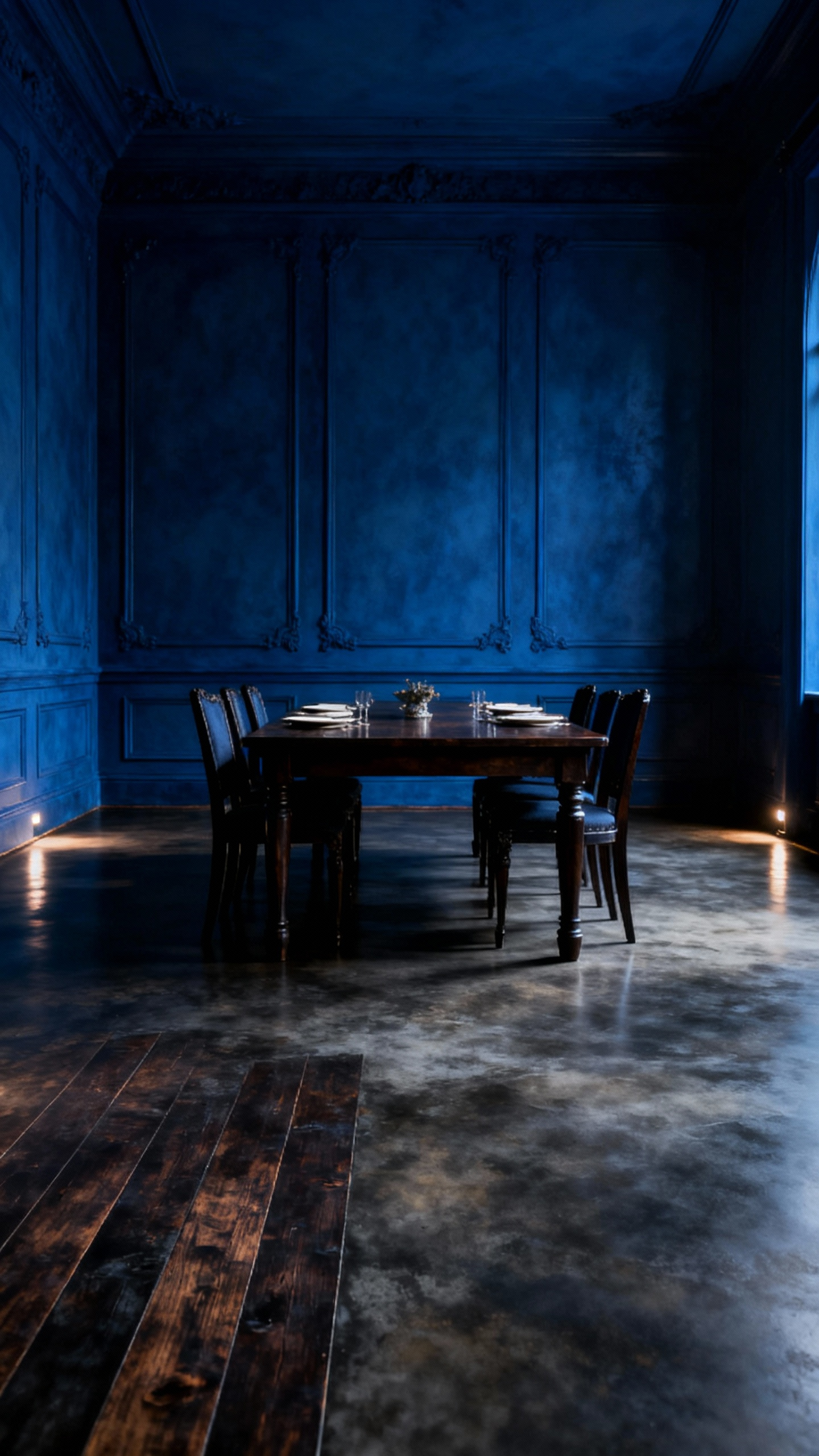 Blue dining room with deep, rich blue walls and dark, robust flooring, showcasing either patinated concrete or wide-plank dark timber for a grounding, gothic-inspired aesthetic.
