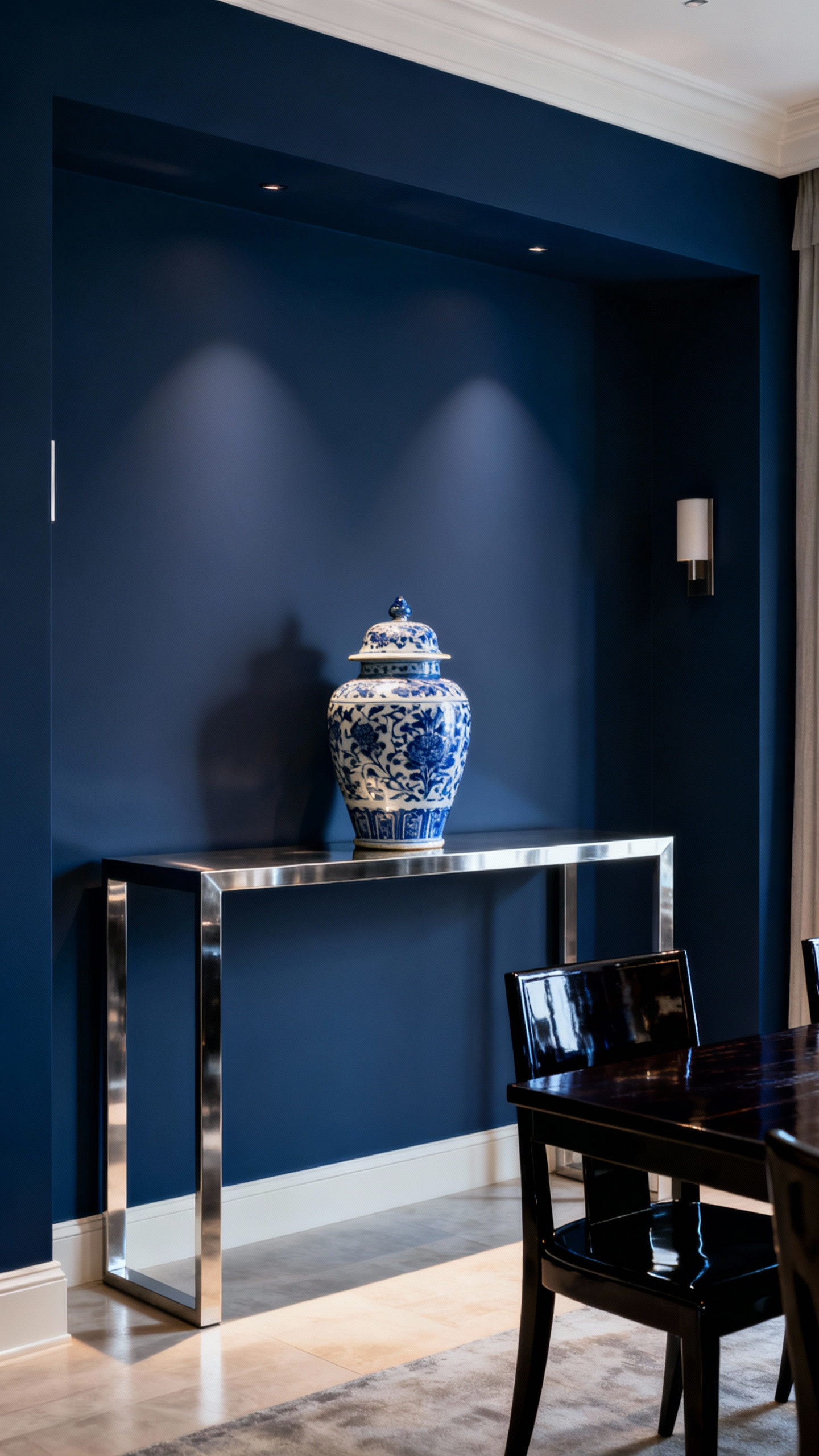 A deep Prussian blue dining room featuring a sleek modernist console table with a single antique blue and white ginger jar. The minimalist chair and dramatic chiaroscuro lighting highlight the contrast of old and new elements, creating a Blue and White Porcelain Dining Room.