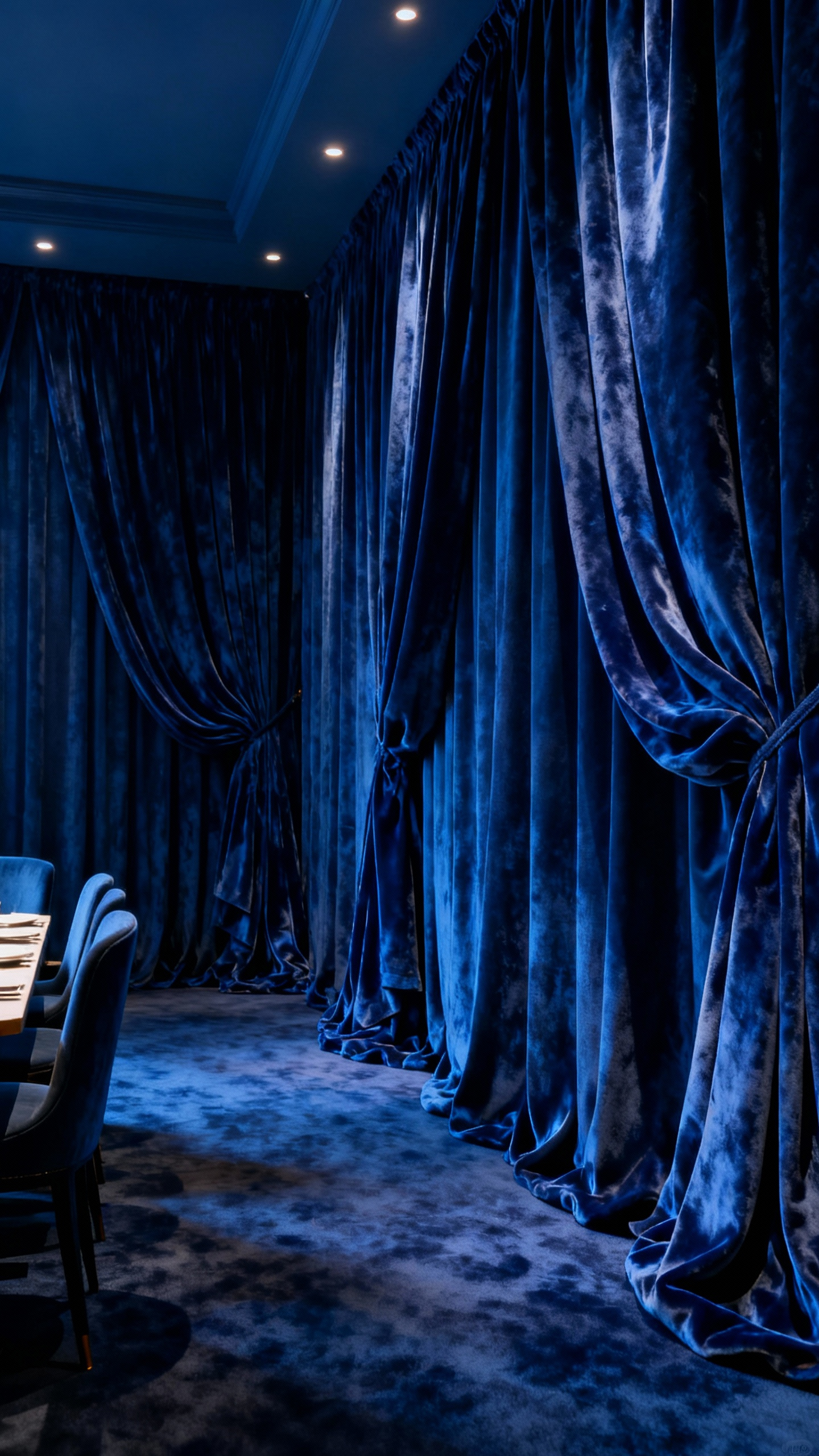 A lavish blue dining room featuring floor-to-ceiling indigo velvet and silk drapes as theatrical wall treatments, enhancing both luxury and sound dampening. The room is professionally lit, showcasing rich fabric textures and deep shadows.