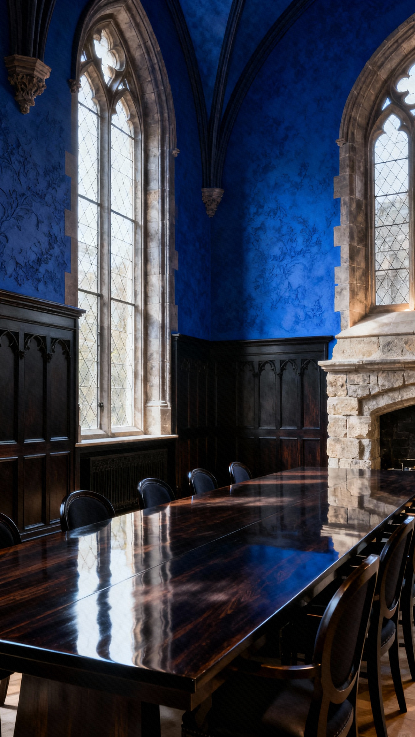 Sophisticated blue dining room showcasing a deep sapphire blue wall, perfectly integrated with historical architectural moldings and dark wood, reflecting a prismatic analysis for blue hue selection.