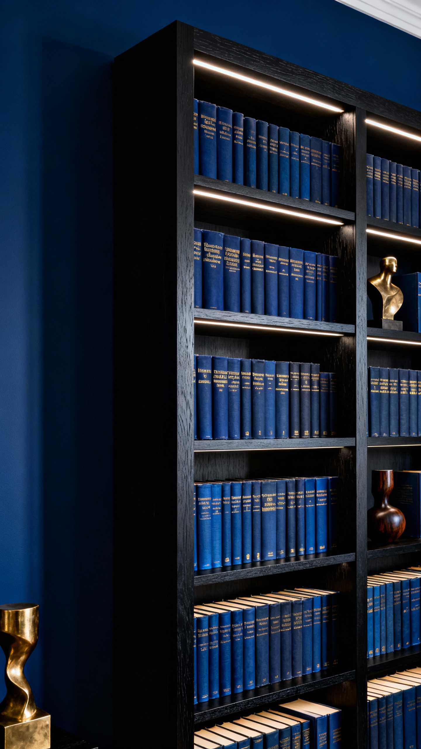 A meticulously curated ebonized oak bookshelf filled with antique blue-spined books and subtle decorative objects, creating a gothic romance ambiance in a luxurious navy blue dining room, illuminated by soft accent lighting. The scene highlights intellectual and visual depth.