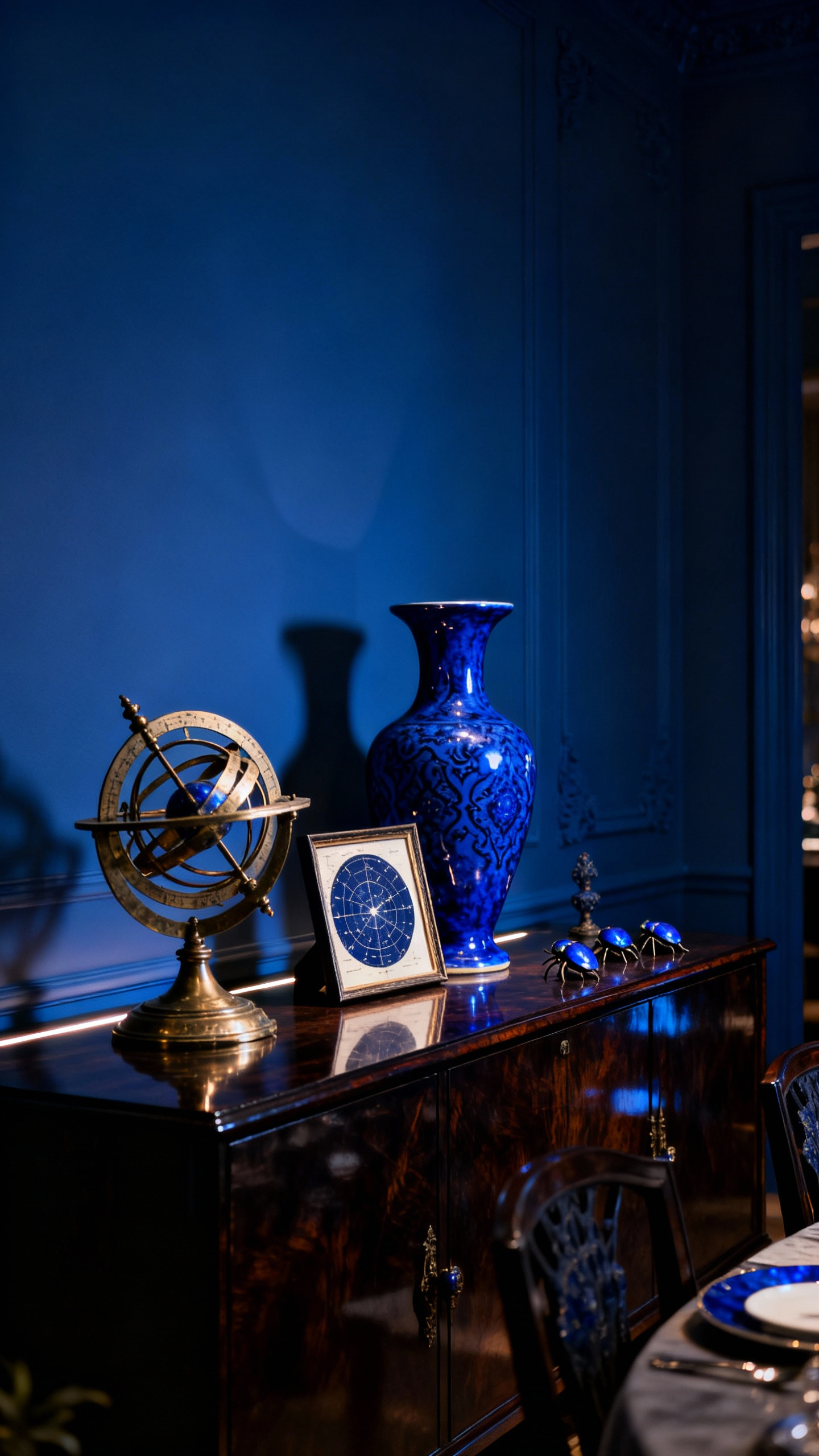 Curated display of cobalt and sapphire objets d'art and antiquities on a dark wooden sideboard in a gothic blue dining room, illuminated by accent lighting.