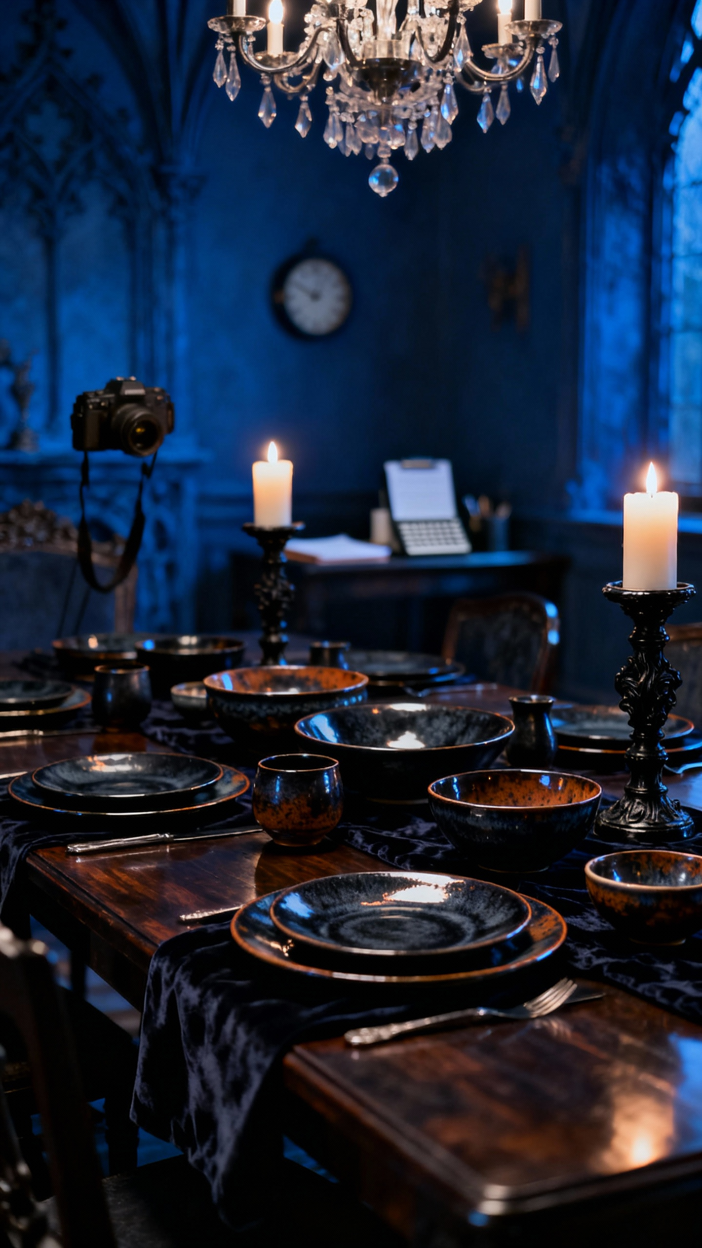Elegant dark porcelain and hand-glazed pottery on a dining table in a dramatically lit blue dining room, enhancing a ceremonial dining ritual.