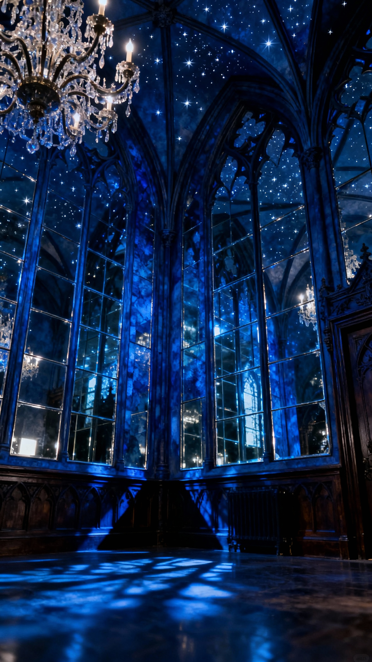 Luxurious blue dining room featuring deep sapphire blue-tinted mirrored panels reflecting a neo-Gothic chandelier, creating an illusion of expanded space and dramatic shadow play.