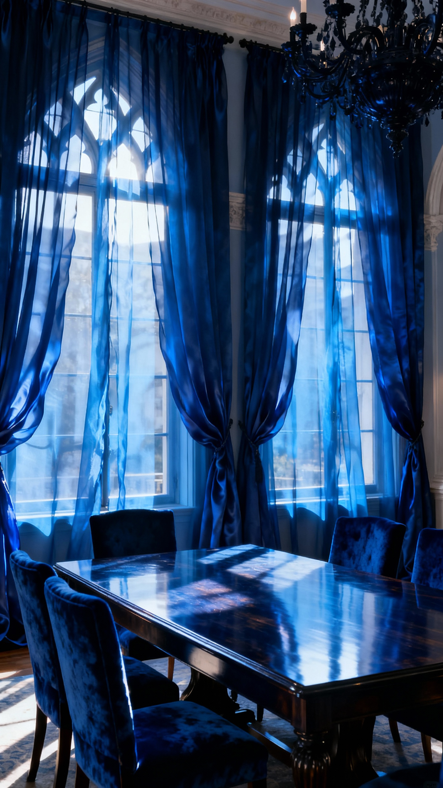 Blue dining room with sheer midnight-blue silk organza panels filtering light, creating a mystical atmosphere and framing an ethereal view.