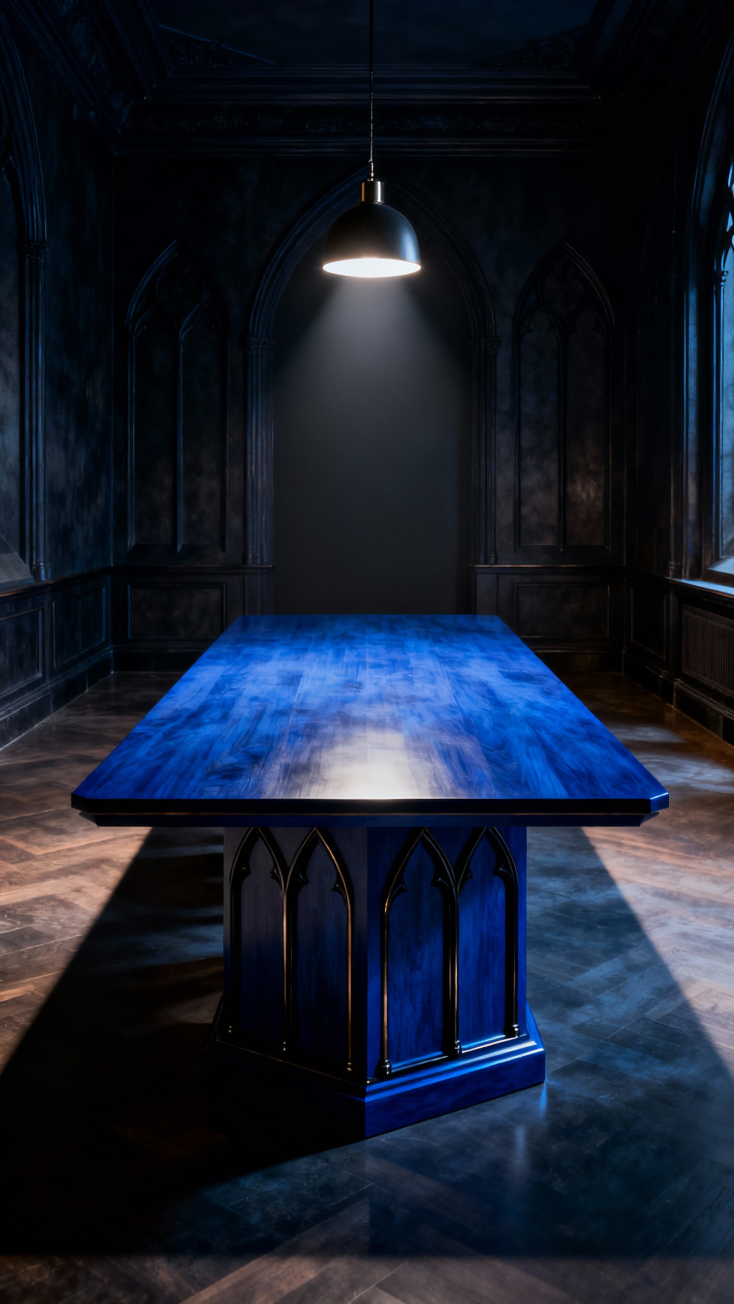 Grand sapphire blue dining table in a gothic romance modernist dining room, dramatically illuminated with a single pendant, showcasing deep hues and a curated aesthetic. No people.