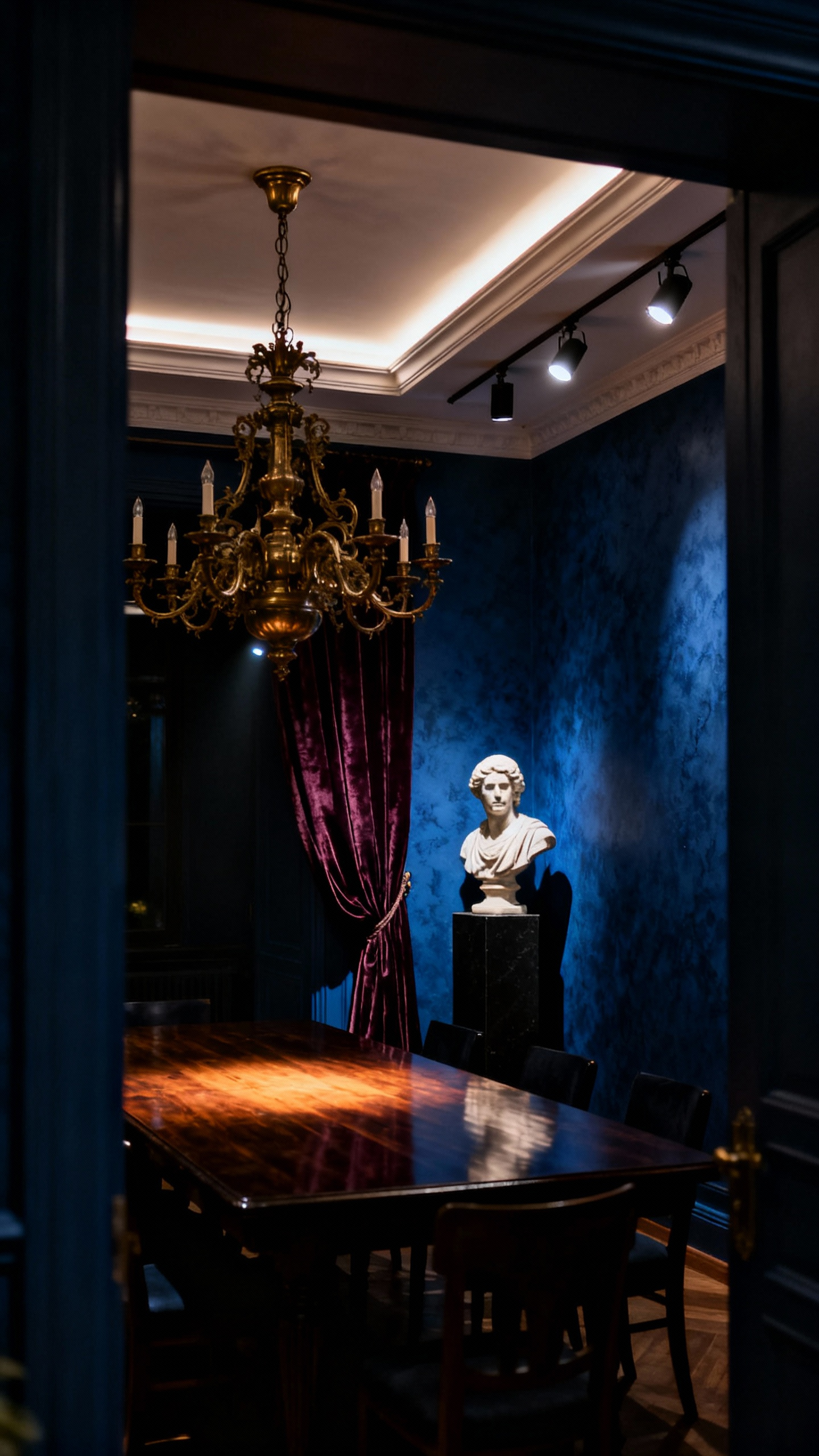 Luxurious blue dining room with dramatic layered lighting, featuring an antique brass chandelier, uplighting, and spotlights accentuating velvet drapery and a classical bust.