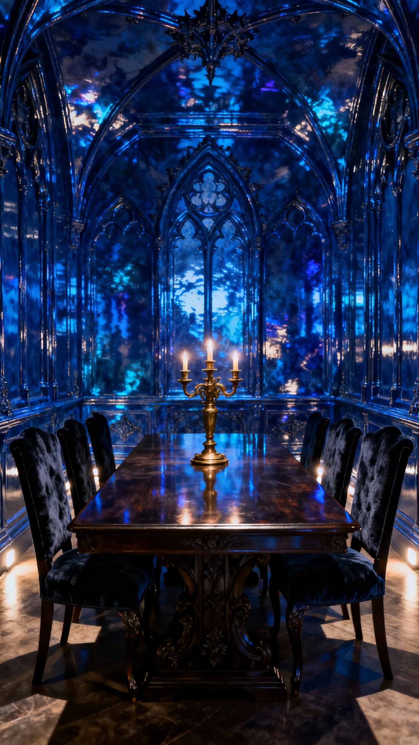 Gothic grand blue lacquered dining room interior showcasing reflective walls, a dark wood dining table, and dramatic lighting. No people are present.