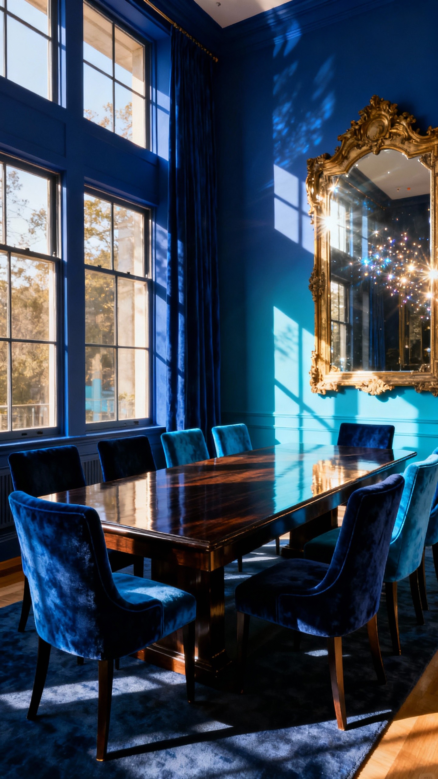 Elegant blue dining room illuminated by natural light, showing varying blue shades, a dark wooden table, velvet chairs, and a gilded mirror creating dramatic shadows and highlights.