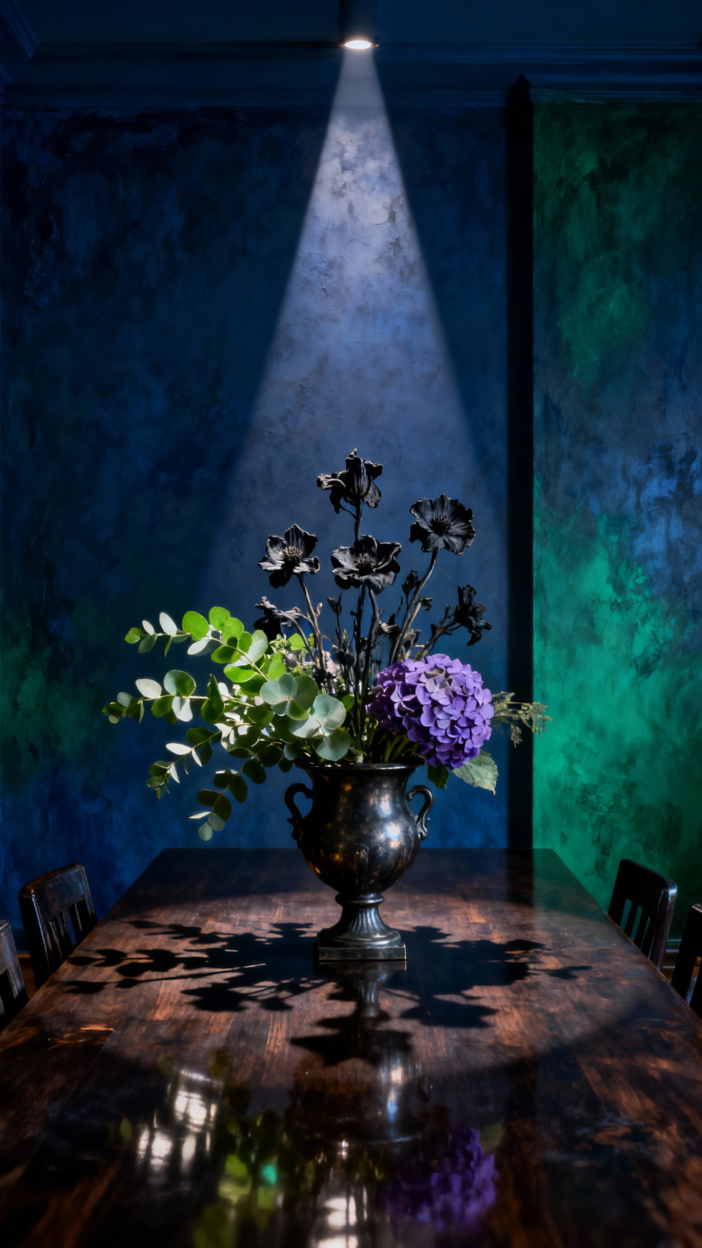 Sculptural deep-hued botanical arrangement in an antique pewter urn on a dark dining table in a gothic-inspired blue dining room, with dramatic spotlighting.