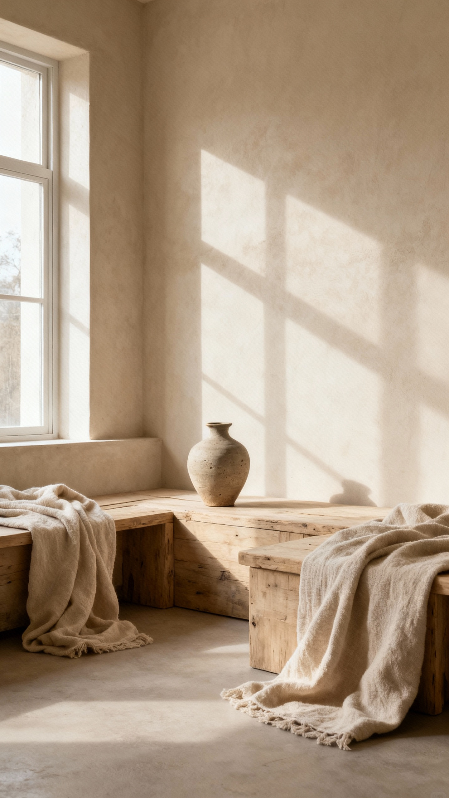 Serene beige living room with Wabi-Sabi design, featuring unpolished wood, organic textiles, earthenware, and deliberate empty spaces, bathed in natural light, no people.