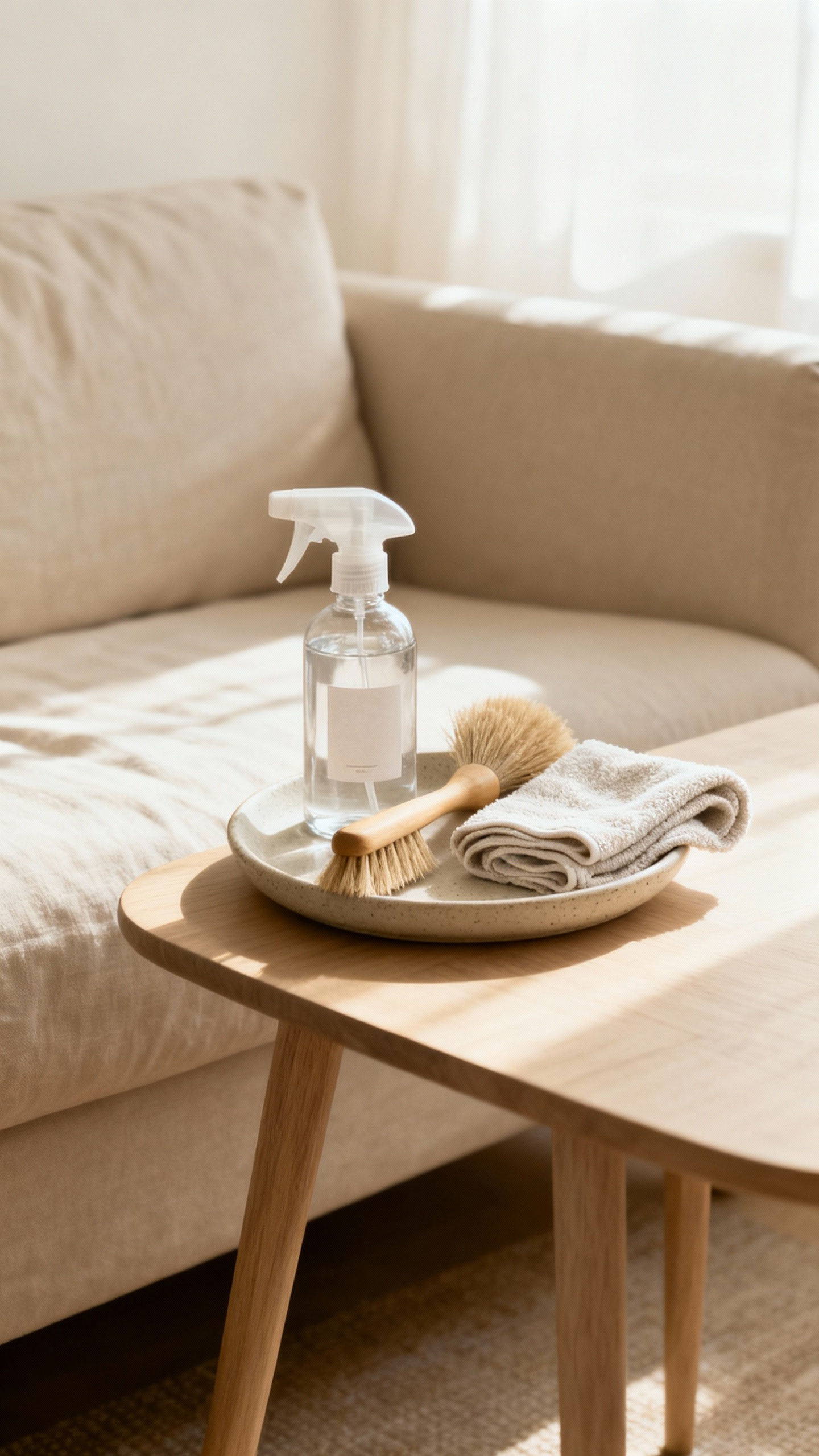 A serene beige living room corner with a linen sofa, featuring eco-friendly cleaning supplies arranged on a wooden side table, highlighting material longevity.