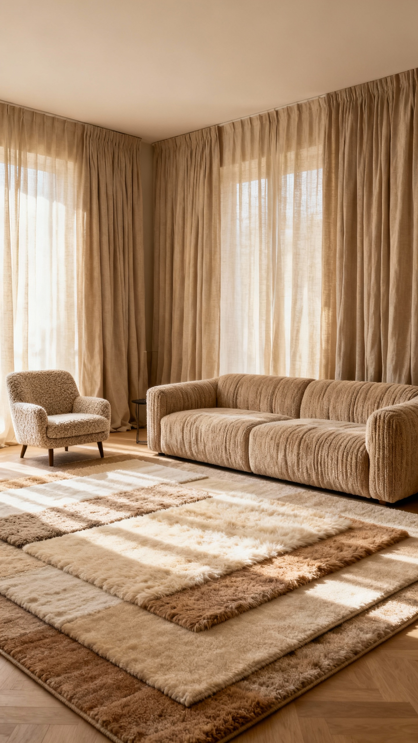 A serene beige living room featuring luxurious floor-to-ceiling wool drapes, a plush multi-layered area rug, and an upholstered velvet sofa, all designed to absorb sound and mitigate reverberation for enhanced acoustic comfort.