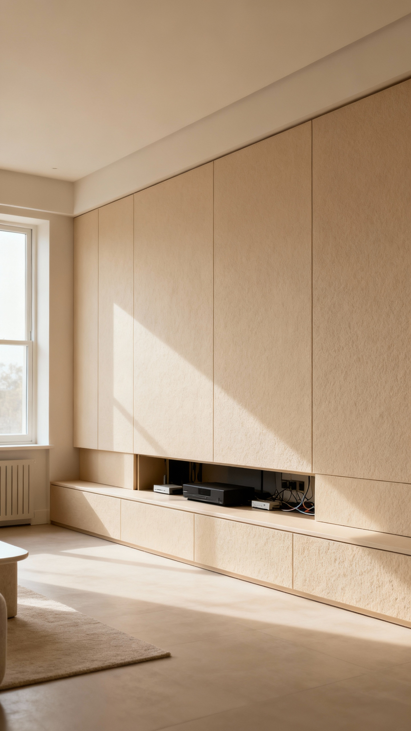 Elegant beige living room with custom built-in cabinetry seamlessly concealing modern technology, maintaining a minimalist and harmonious aesthetic with hidden wires and devices, enhancing visual calm.