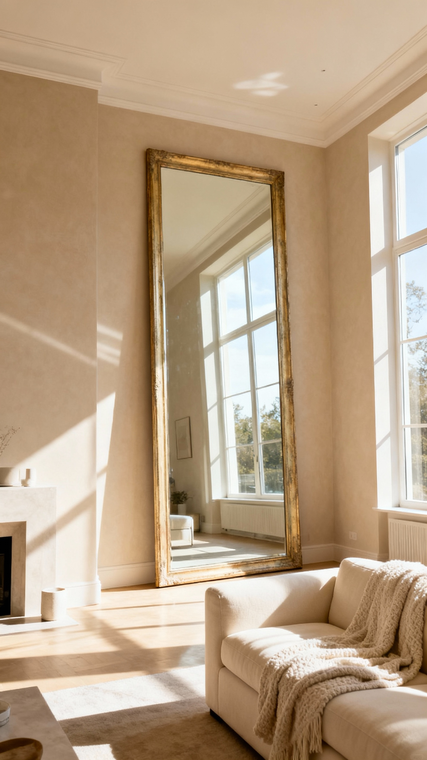 Elegant beige living room featuring a tall, antique gold-framed mirror strategically placed opposite a large window, reflecting ample natural light and creating a perceived sense of expansive space.