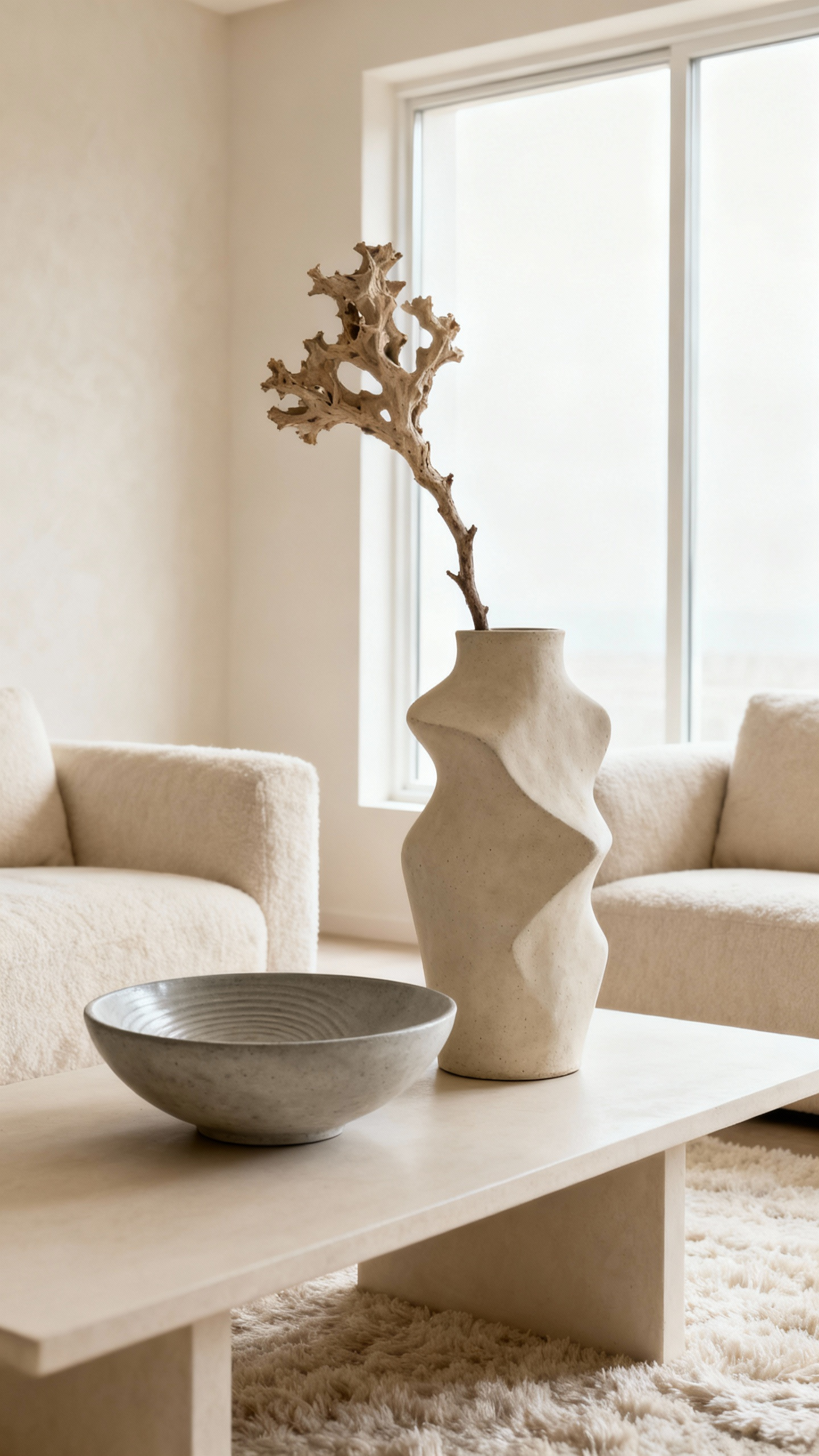 Portrait image of a beige living room vignette featuring a tall, organic unglazed ceramic vase with a dried branch and a wide, shallow polished concrete textural bowl on a console table.