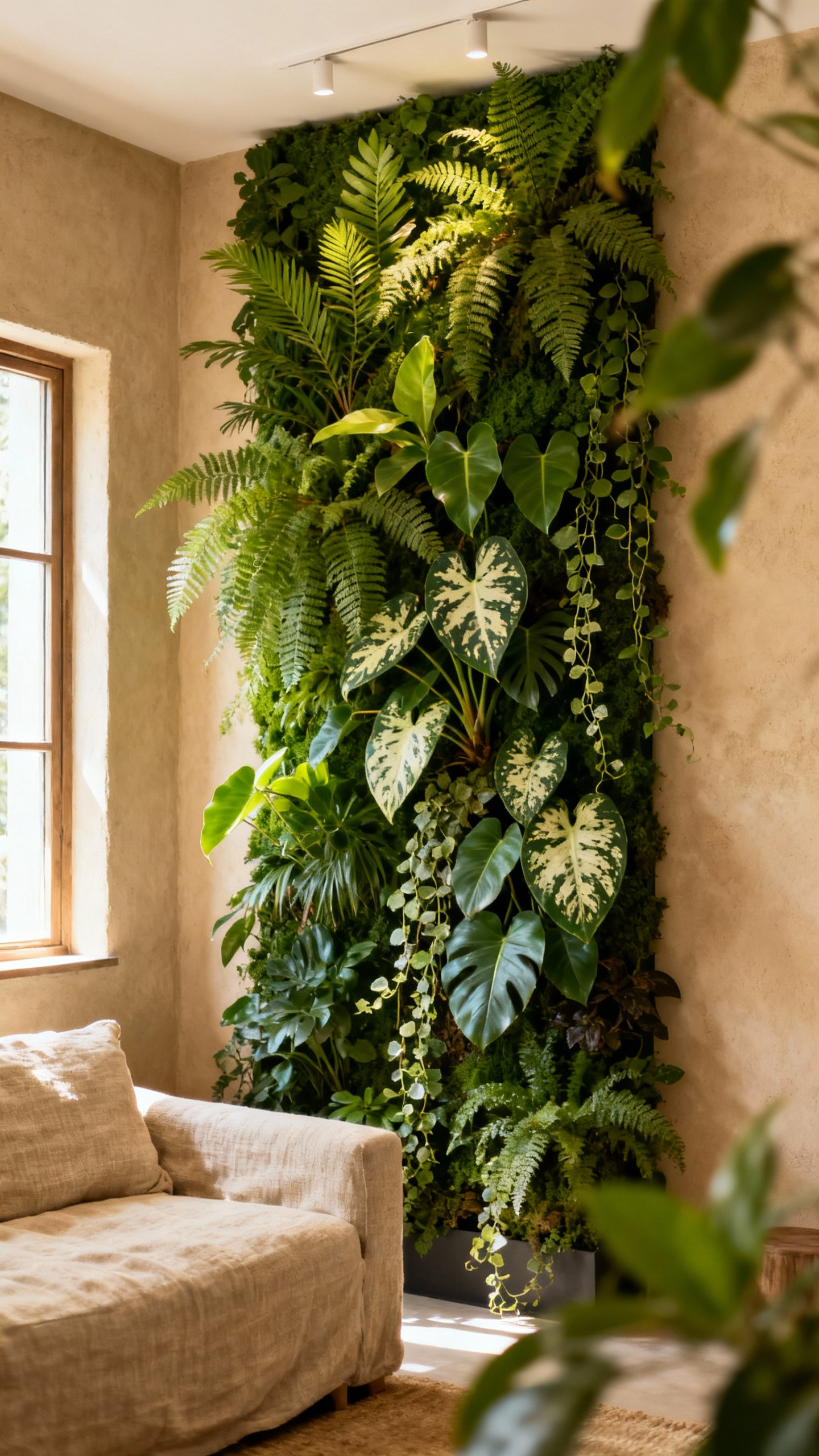 A serene beige living room with a floor-to-ceiling vertical garden, showcasing indigenous plants for air purification, enhancing biophilia.