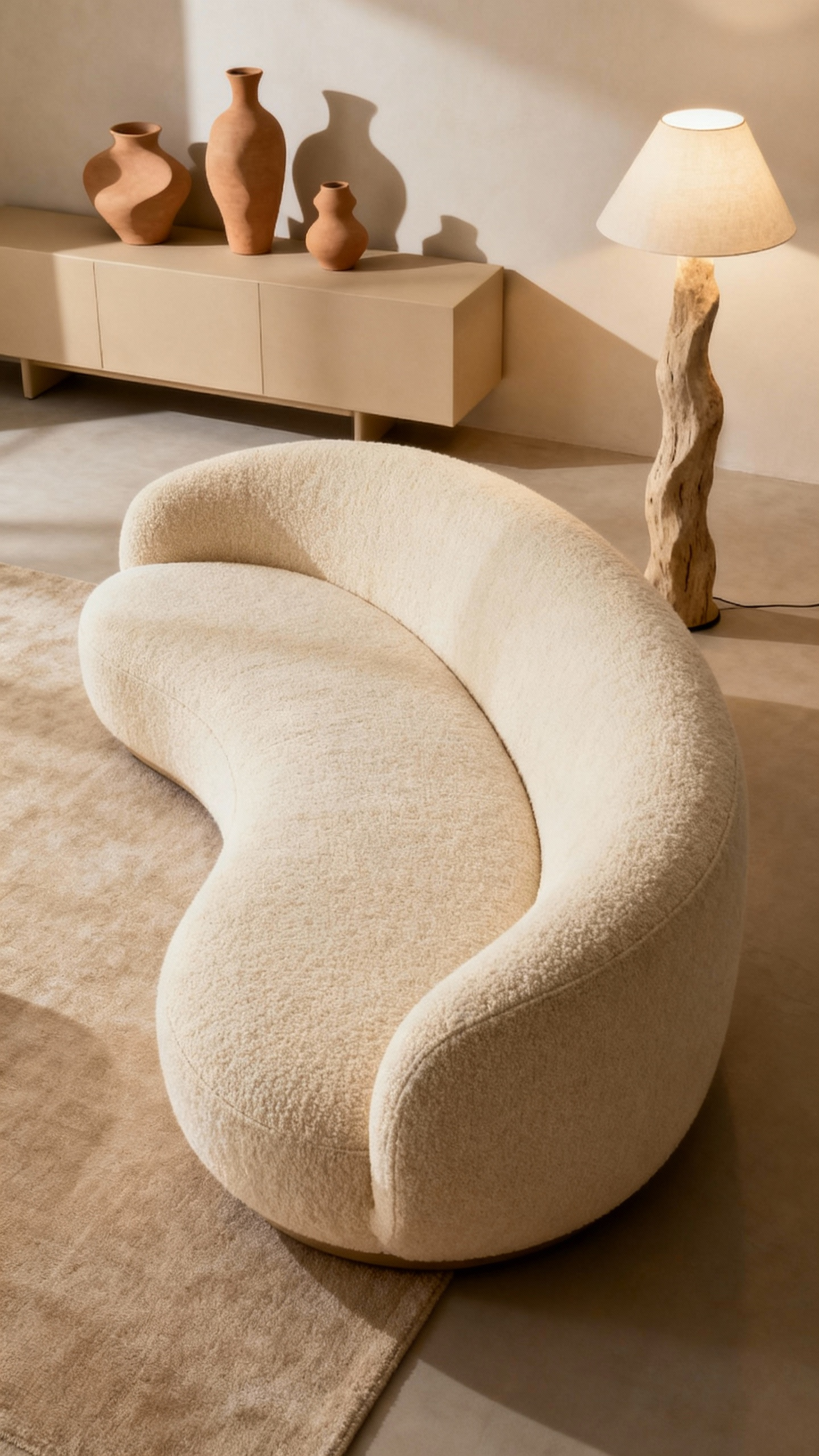 A minimalist beige living room featuring a curved boucle sofa, a sculptural organic floor lamp, and terracotta vases on a credenza, all displaying fluid, organic forms that enhance the room's serene, sophisticated aesthetic.
