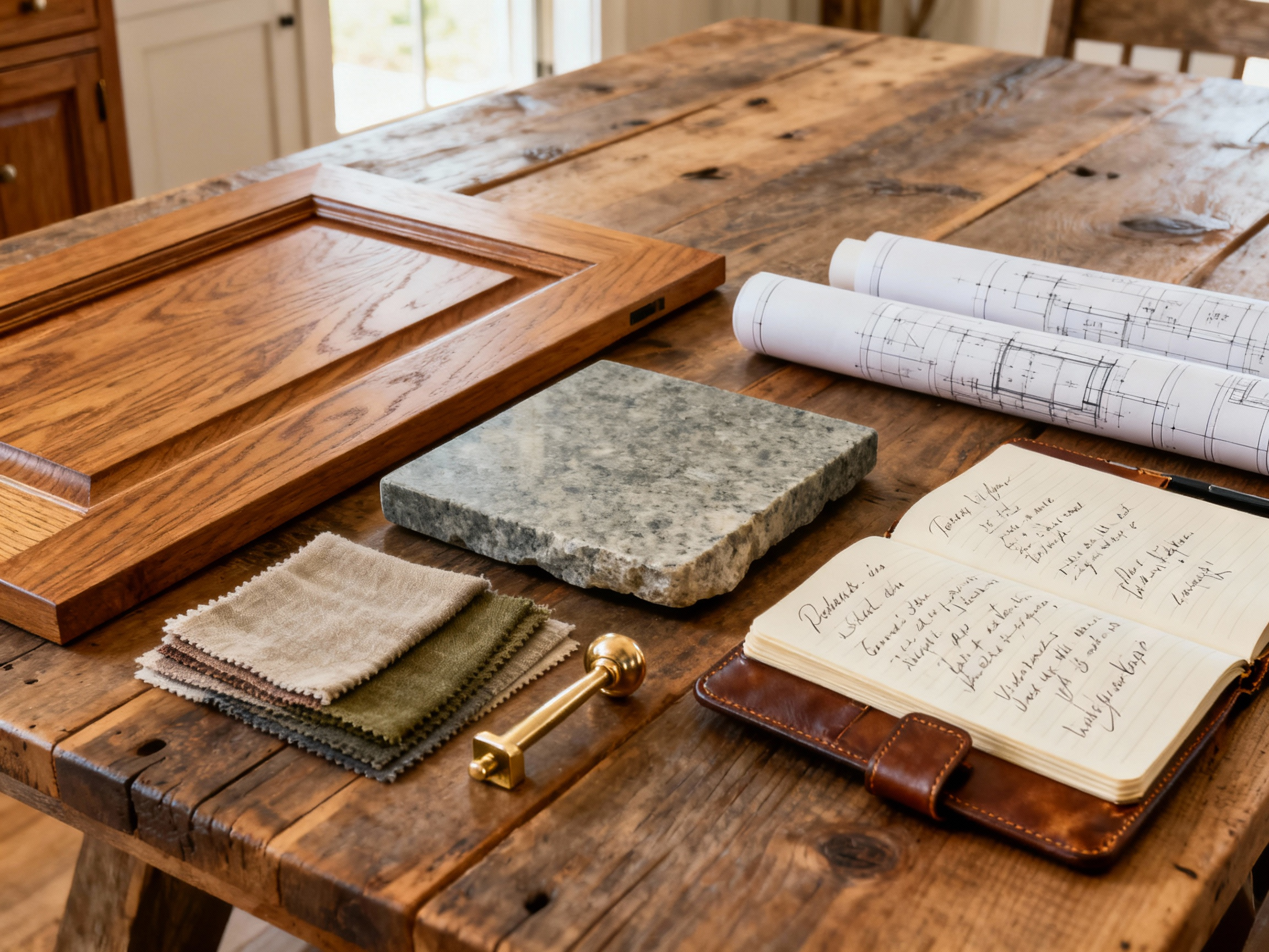 Portrait view of a meticulously curated traditional kitchen design board with swatches of wood, stone, and fabric, alongside hand-drawn design sketches for a heritage kitchen renovation, illuminated by soft natural light.