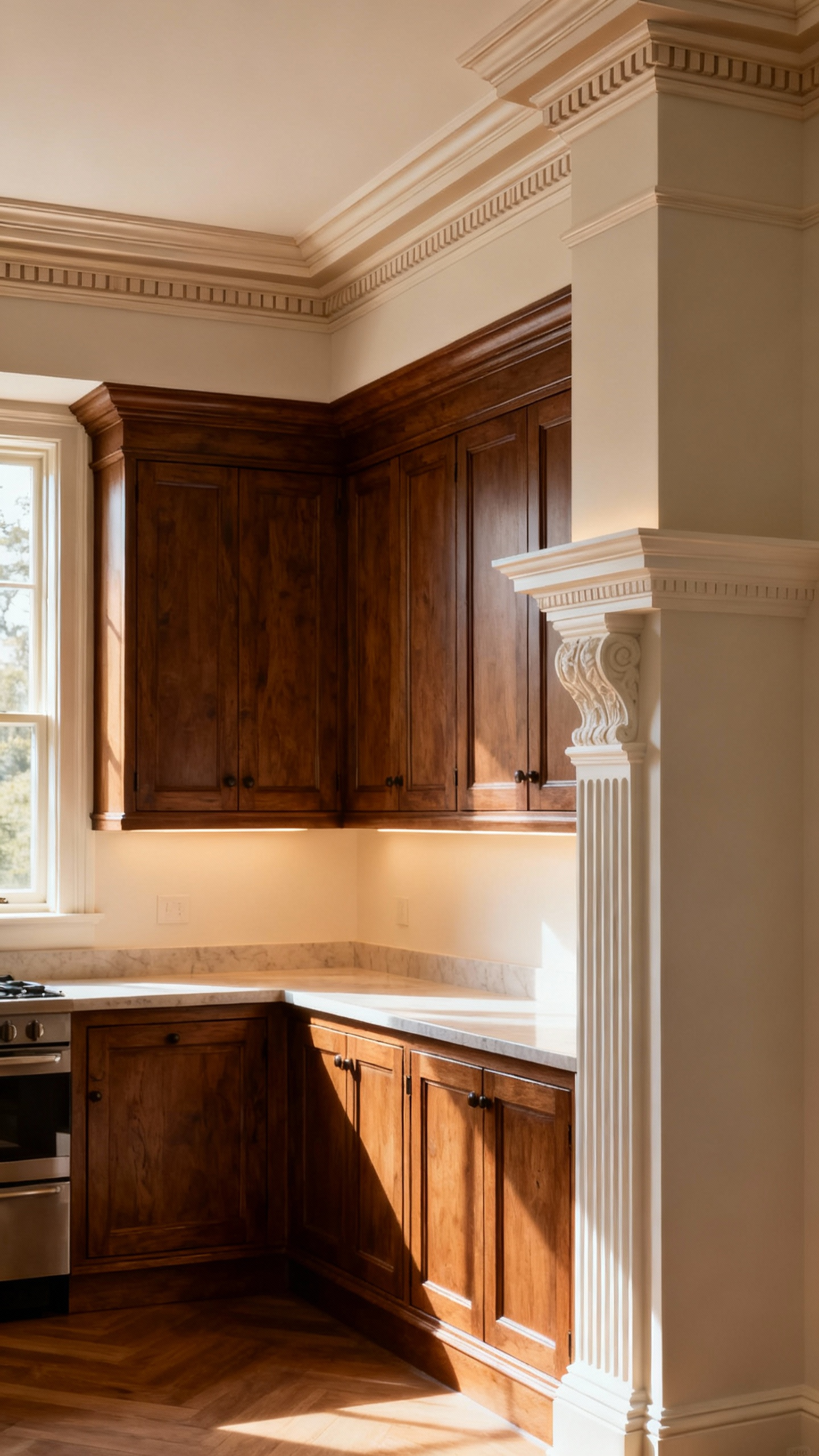 Traditional kitchen with rich, multi-layered crown molding, decorative baseboards, and a carved pilaster, showcasing architectural flourishes and custom cabinetry.