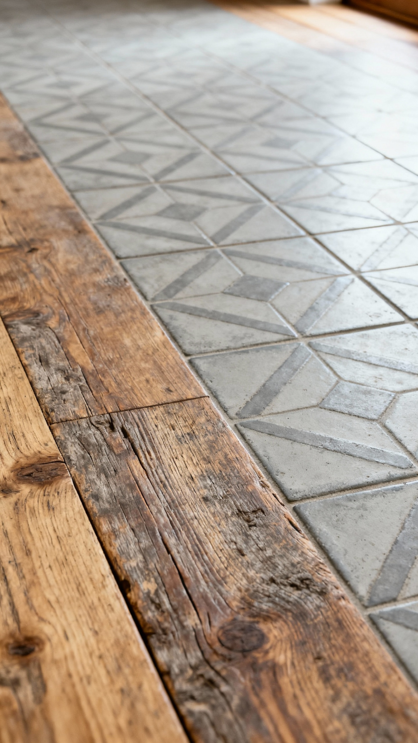 Authentic wide-plank white oak hardwood meeting geometric encaustic cement tiles in a traditional kitchen, emphasizing heritage kitchen flooring options