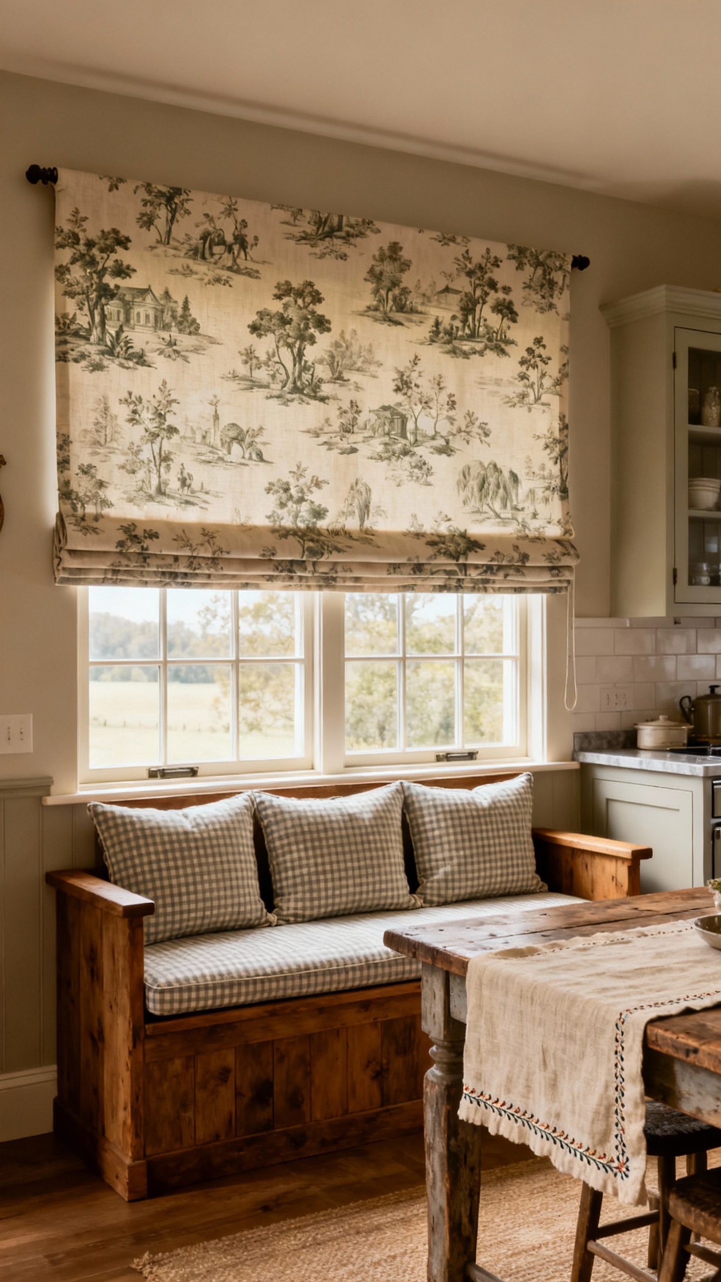 Traditional kitchen window with full-length Roman shades featuring a floral toile pattern, made from linen. A wooden banquette with gingham pattern cushions sits below. A rustic table with a delicate embroidered cotton runner, creating a historically warm and comfortable setting. Natural light, no people.